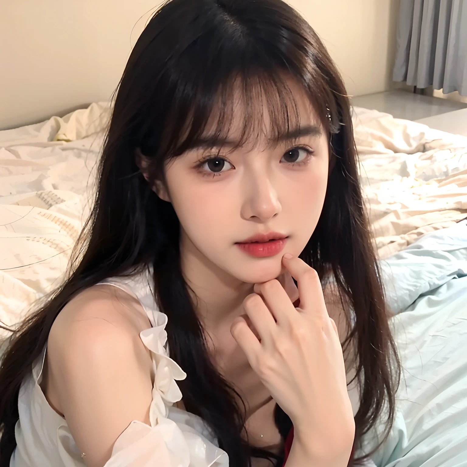 Ace, 4k, High Resolution, Masterpiece, Best Quality, Head: 1.3, (Korean K-pop Idol), Fine Skin, Sharp Focus, (Cinema Lighting), Clavicle, Morning, Soft Light, Dynamic Angle, [: (detailed face:1.2):0.2], armpit wrinkles, thigh gap, red dress, slim, mid-chest, cleavage, full body,