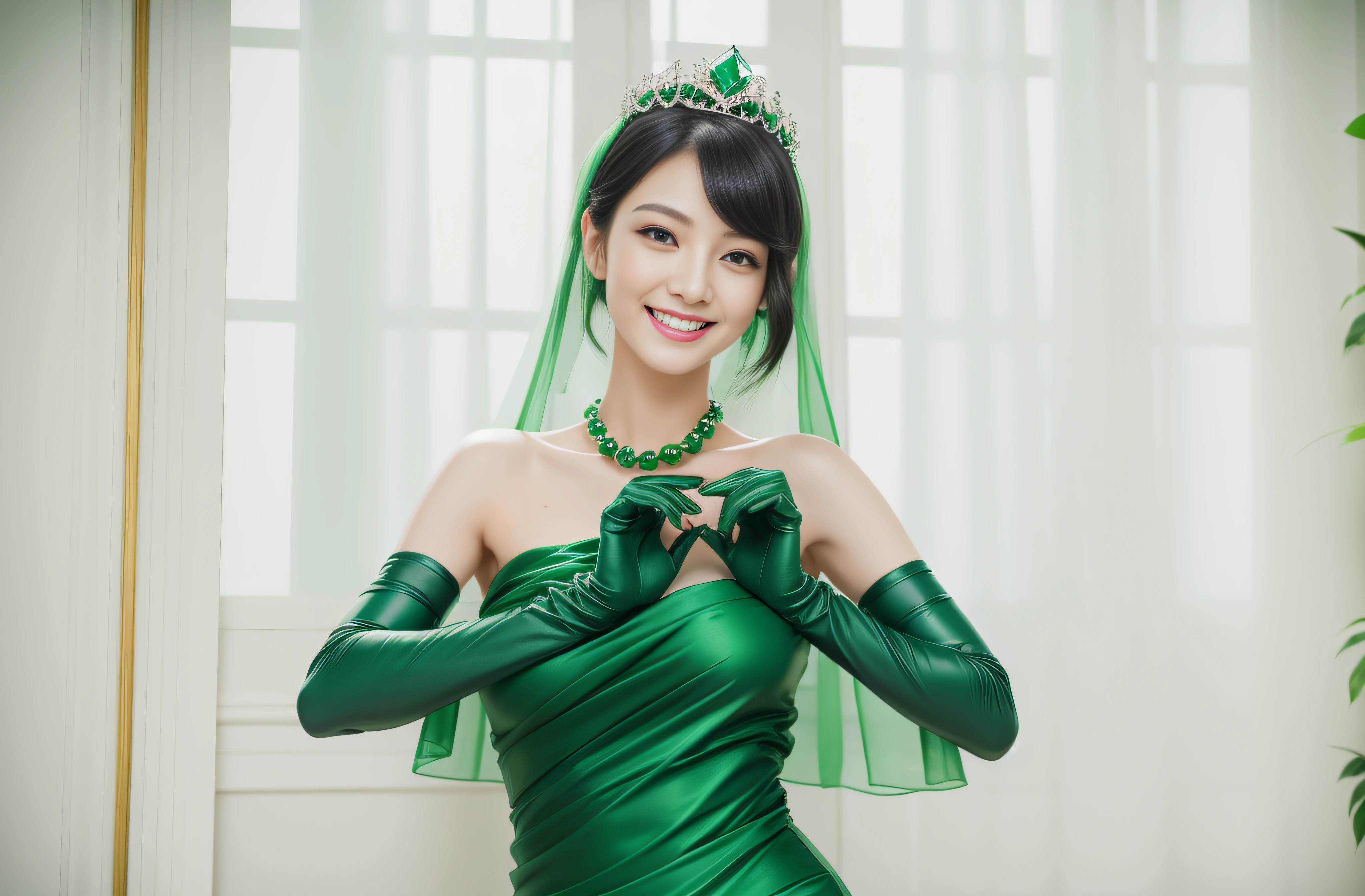 Boyish very short black hair, lipsticks, Japan woman smiling, Green Long Grove, Emerald Tia boyish very short black hair, lipsticks, Japan woman smiling, Satin green long gloves, emerald tiara, Green Pearl Necklace, verd s eyes, Green eyes, Long green gloves made of satin material, big breasts beautiful, Green Bridal Veil