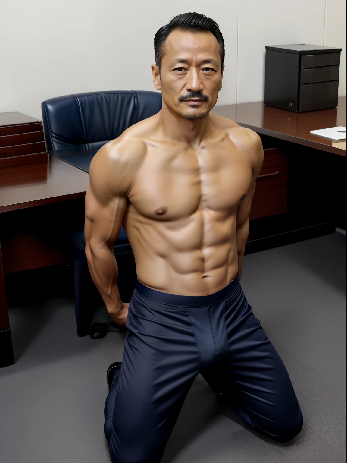 45 yers old,Hidetoshi Nakata ,(Kogoro Mouri 1.3),office room,Black socks,With a bushy mustache,Two muscular men kneel,Strip naked,Blue sexy panties