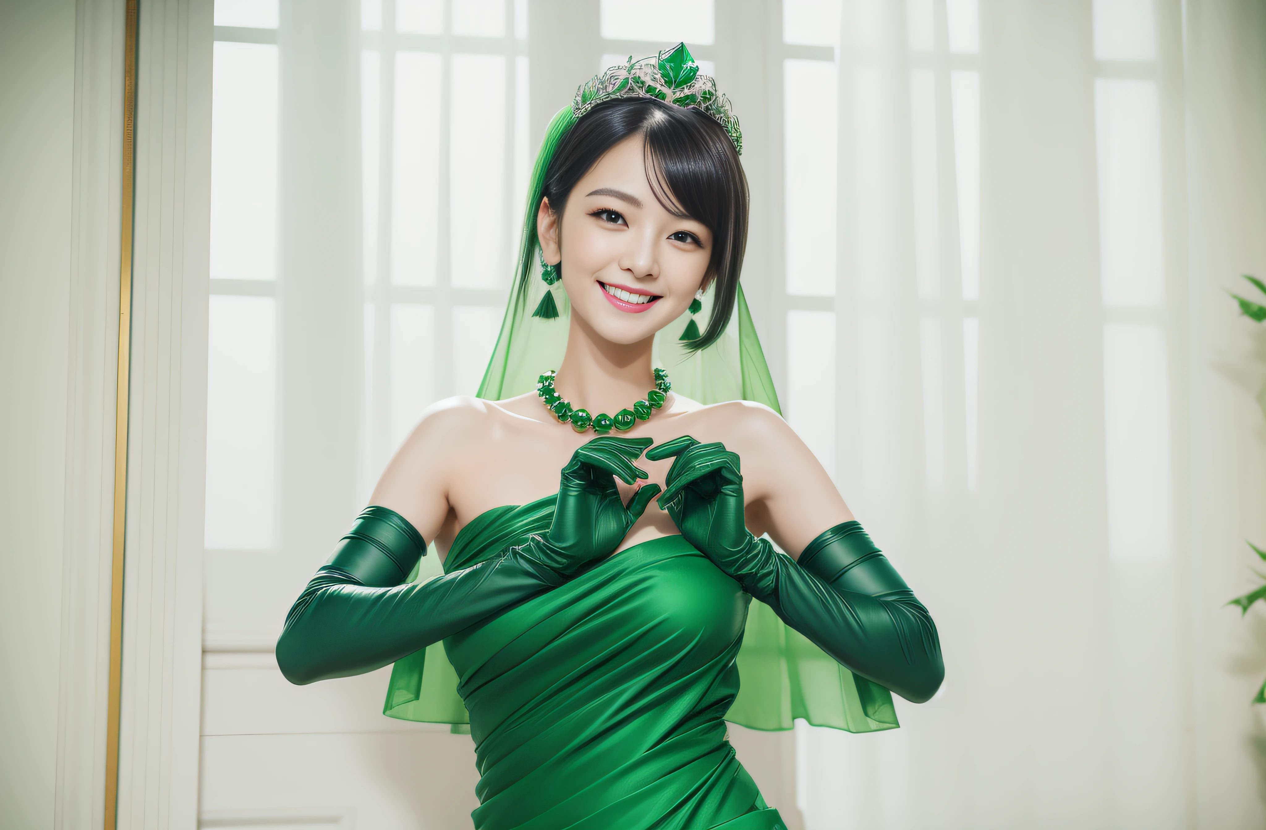 Boyish very short black hair, lipsticks, Japan woman smiling, Green Long Grove, Emerald Tia boyish very short black hair, lipsticks, Japan woman smiling, Satin green long gloves, emerald tiara, Green Pearl Necklace, verd s eyes, Green eyes, Long green gloves made of satin material, big breasts beautiful, Green Bridal Veil