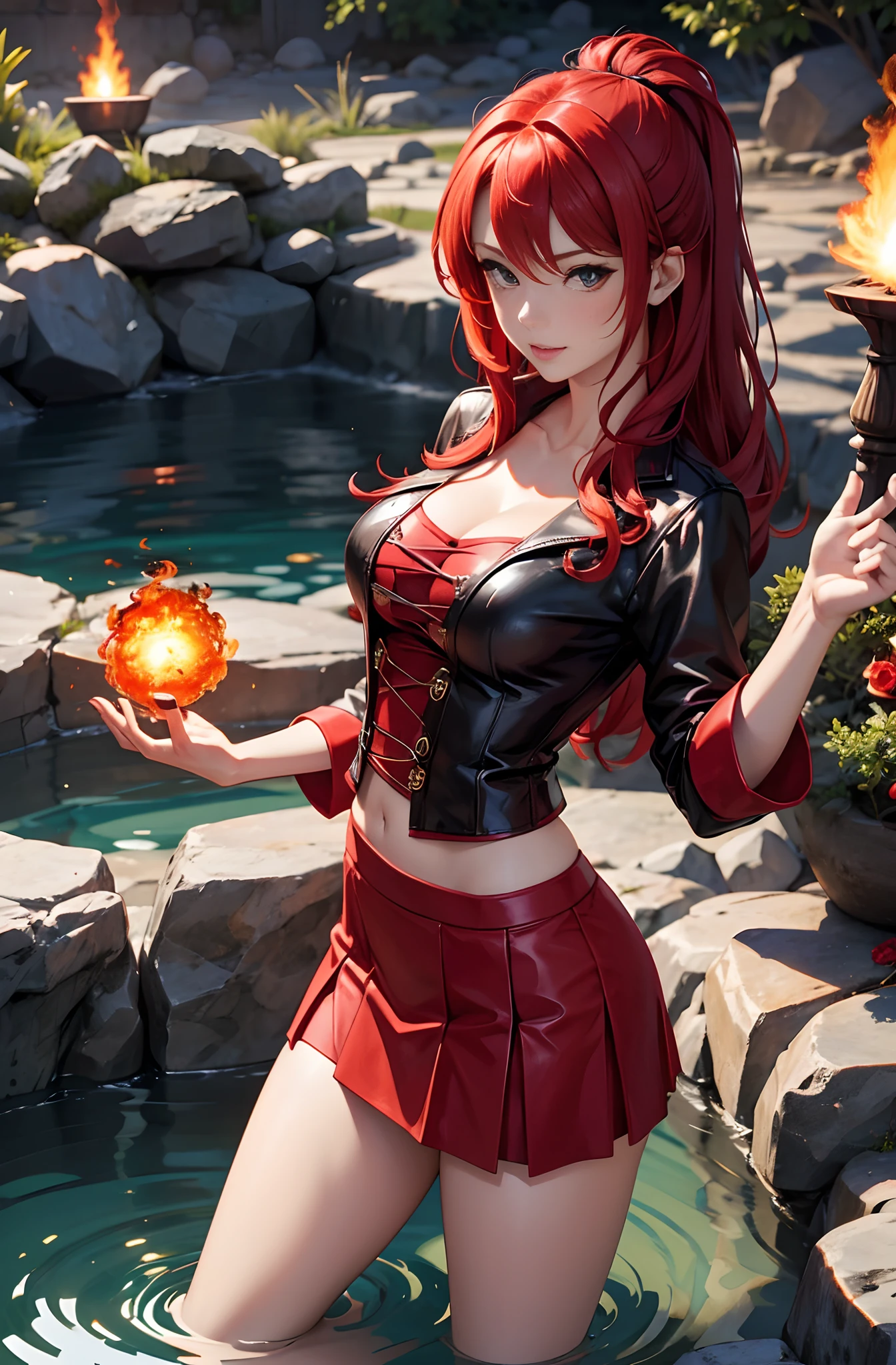 a sexy red-haired witch wearing a red skirt and high fantasy shirt making a fireball with her hands at a hot spring