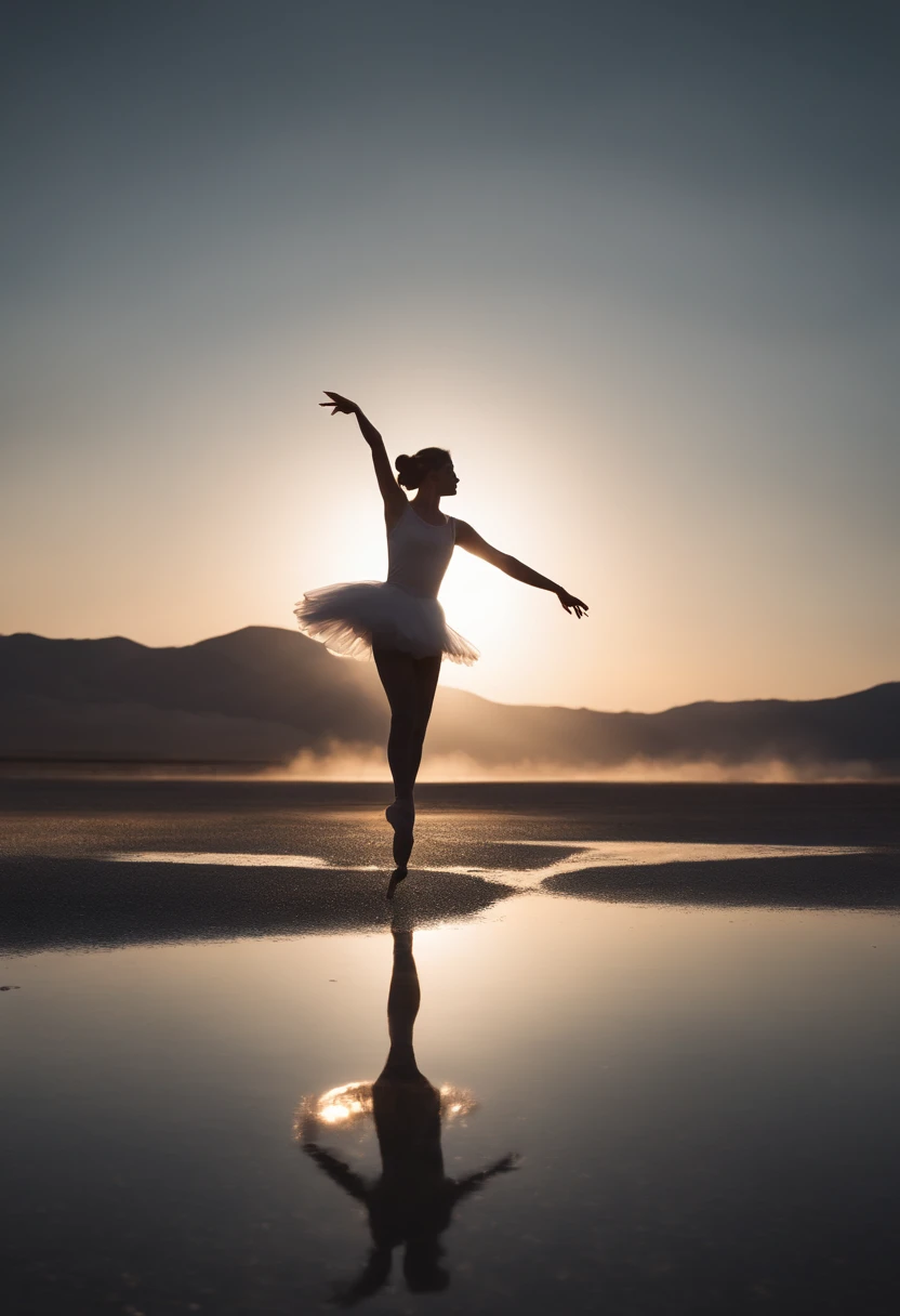 masutepiece, Original, from behind, Full body, Ballerina silhouette, ballet pose, Reach for the stars, Starlight reflected at her feet, Salt Flats Environment, Princess, sundress, Porcelain Skin, Long floating hair, Shimmering iridescent hair, Race trajectory, grateful, Natural moonlight, Ultra Wide Cinematic Shots, Dramatic Angle, Unreal Engine, Milky way, mirrornun, silhuette, light Particle, mirrornun