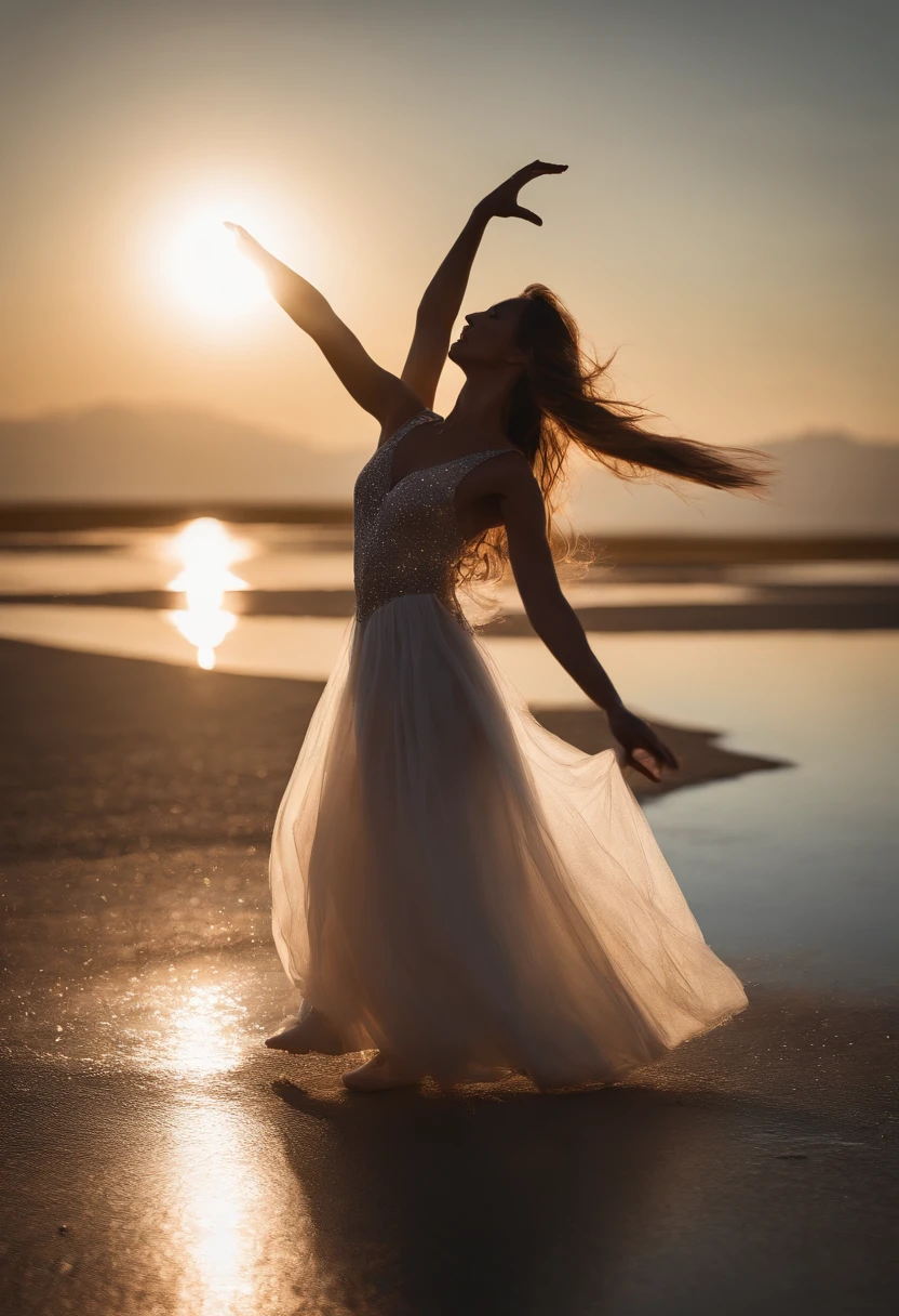masutepiece, Original, from behind, Full body, Ballerina silhouette, ballet pose, Reach for the stars, Starlight reflected at her feet, Salt Flats Environment, Princess, sundress, Porcelain Skin, Long floating hair, Shimmering iridescent hair, Race trajectory, grateful, Natural moonlight, Ultra Wide Cinematic Shots, Dramatic Angle, Unreal Engine, Milky way, mirrornun, silhuette, light Particle, mirrornun