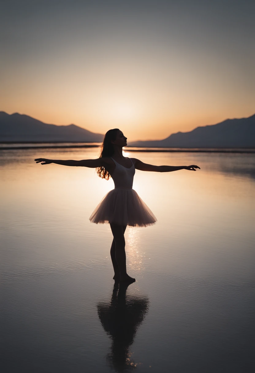 masutepiece, Original, from behind, Full body, Ballerina silhouette, ballet pose, Reach for the stars, Starlight reflected at her feet, Salt Flats Environment, Princess, sundress, Porcelain Skin, Long floating hair, Shimmering iridescent hair, Race trajectory, grateful, Natural moonlight, Ultra Wide Cinematic Shots, Dramatic Angle, Unreal Engine, Milky way, mirrornun, silhuette, light Particle, mirrornun