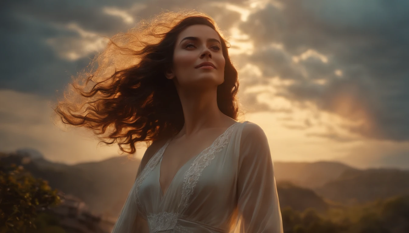 gere uma imagem de uma jovem mulher de pele branca, aparentemente com cerca de 20 anos de idade. She has black hair with short open curls and is slim. She's standing on top of a hill, with a sunny background backdrop. The young woman is looking up at the sky with hopeful eyes and serene expression, as if you were contemplating something wonderful and full of hope. A imagem deve ter detalhes e cores vibrantes. This image will be used as the cover of a book, so the top of the image should have a space to put the title of the book.