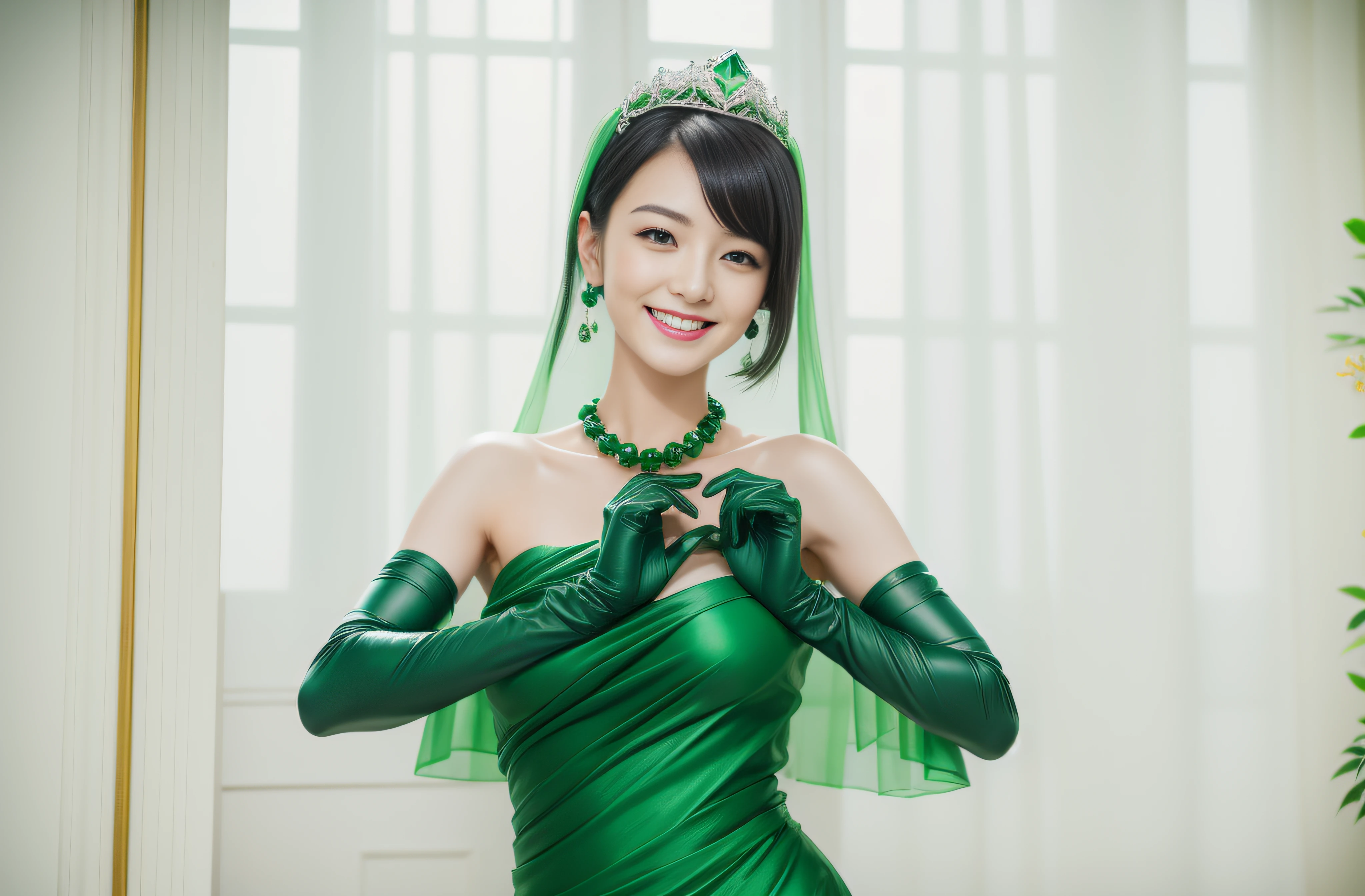 Boyish very short black hair, lipsticks, Japan woman smiling, Green Long Grove, Emerald Tia boyish very short black hair, lipsticks, Japan woman smiling, Satin green long gloves, emerald tiara, Green Pearl Necklace, verd s eyes, Green eyes, Long green gloves made of satin material, big breasts beautiful, Green Bridal Veil