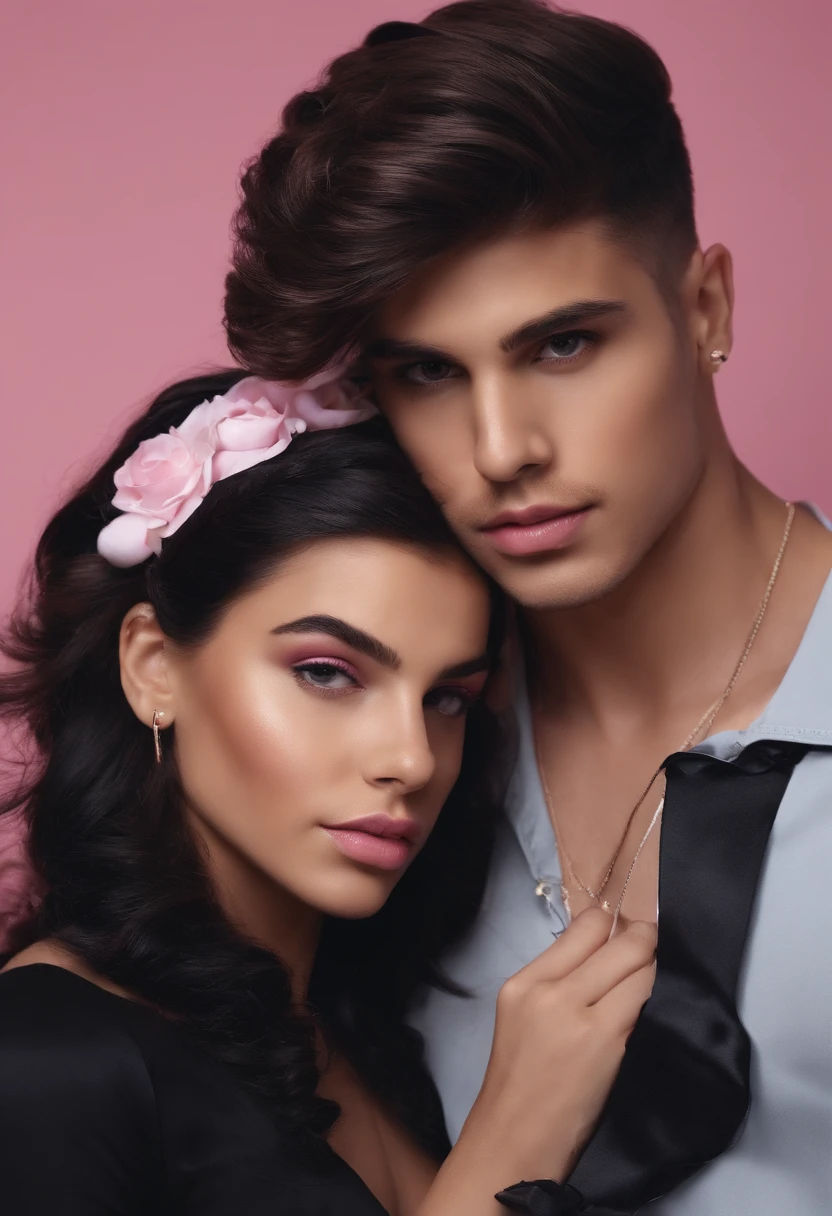 Um casal com a menina de cabelo rosa uma menina com fones de ouvido e uma camisa rosa, e um menino de cabelos pretos, com fones de ouvido preto, Embraced