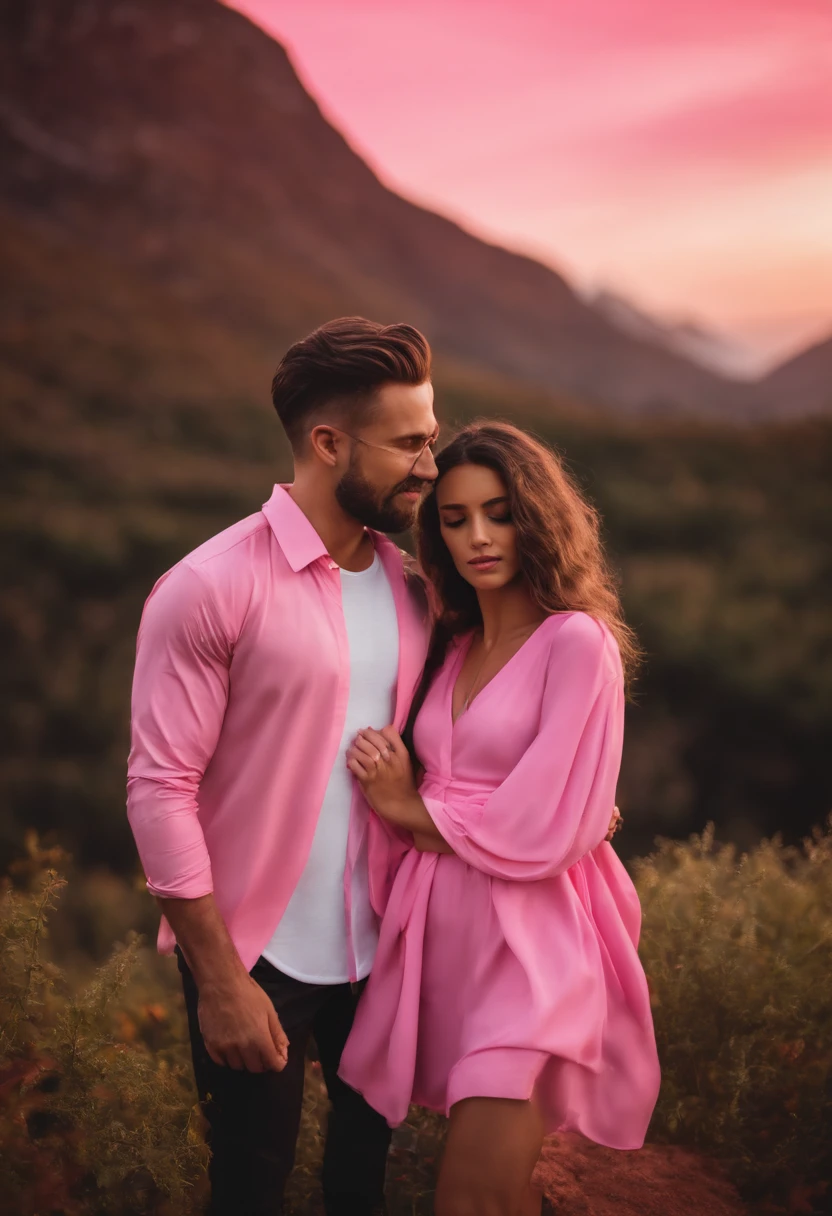 Um casal com a de cabelo rosa uma meninaones de ouvido e uma camisa rosa, e um menino de capretos, com fones de ouvido preto, Embraced