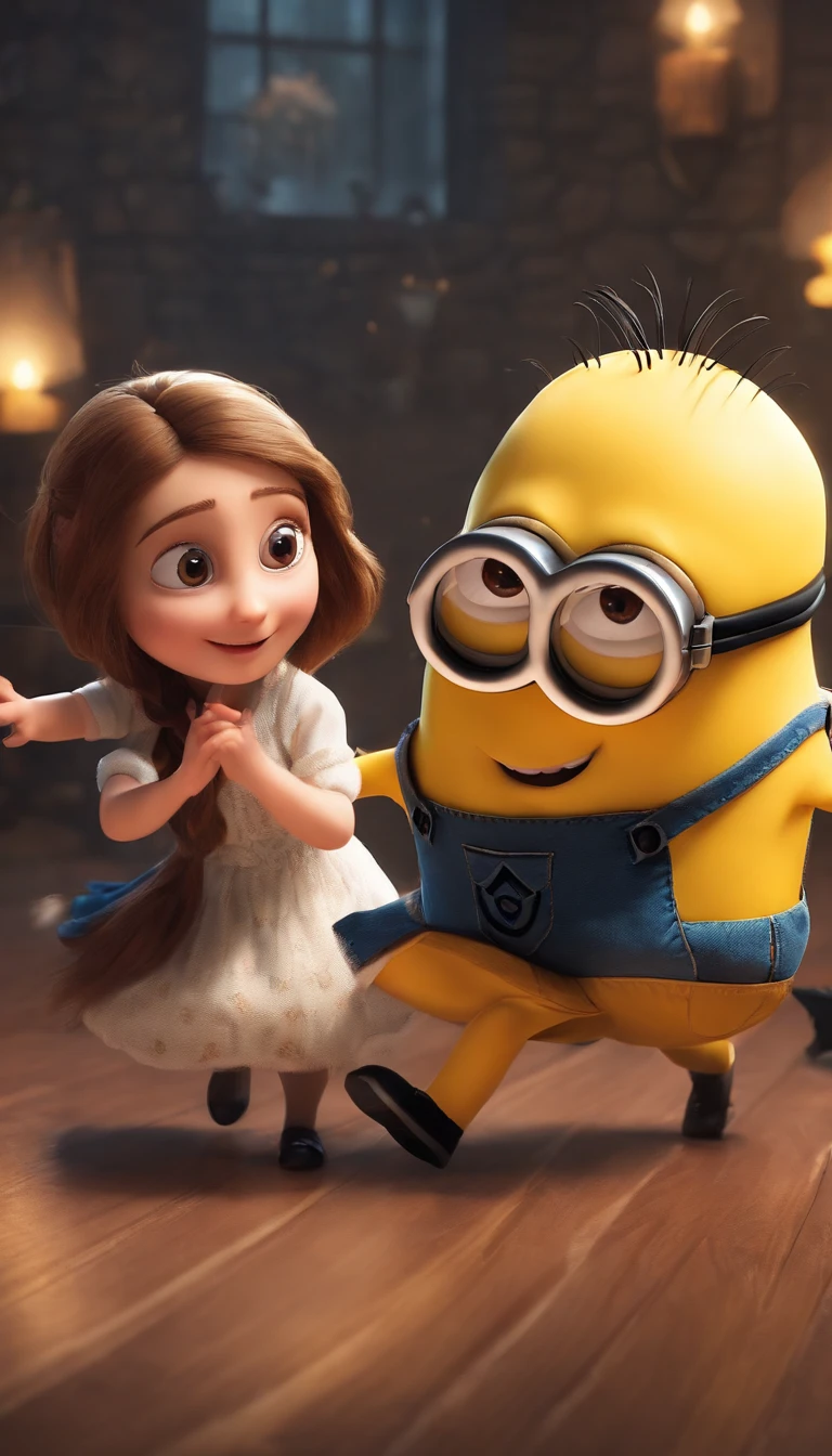 Minions dance with a girl anime stye, The head minion has a lovely white beard [whimsical,fun,playful],happy,minimalist colors,soft lighting,( best quality,4k,8k,highres)