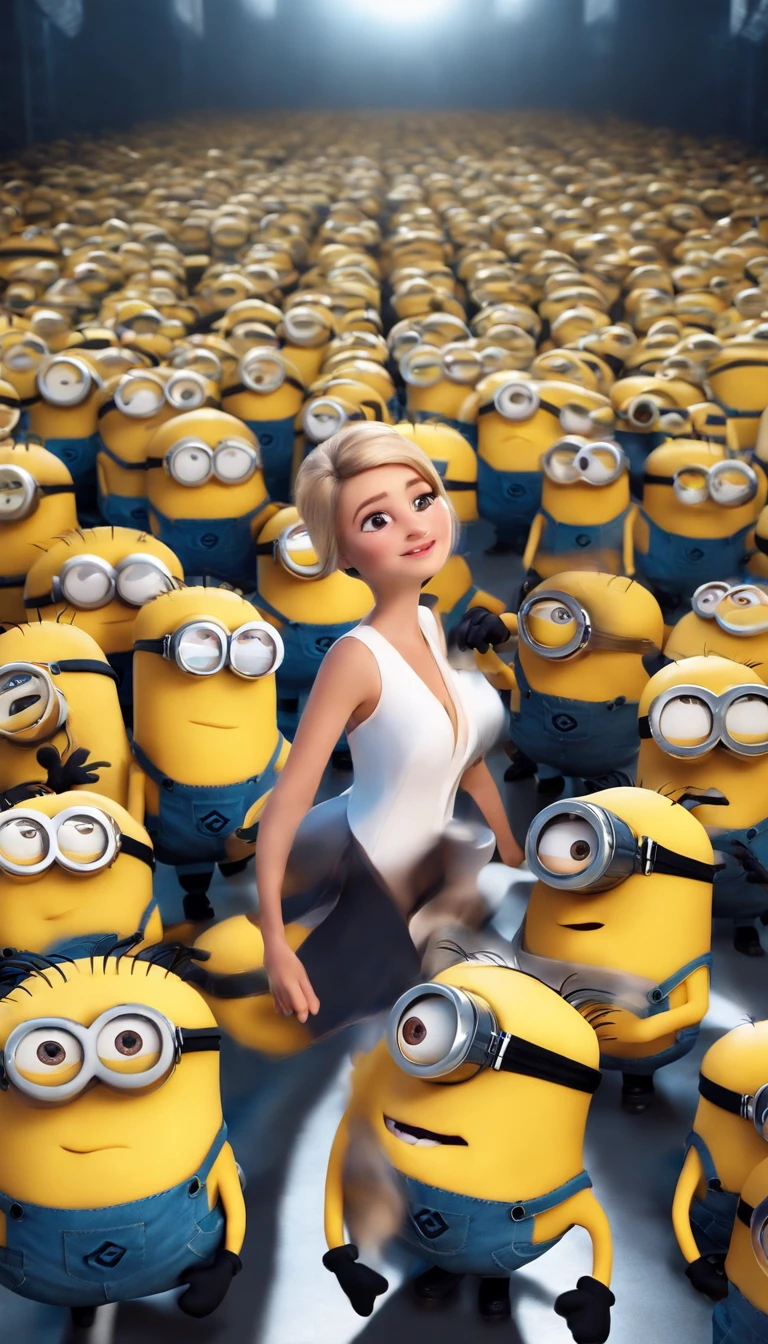 Minions dance with a girl anime stye, The head minion has a lovely white beard [whimsical,fun,playful],happy,minimalist colors,soft lighting,( best quality,4k,8k,highres)