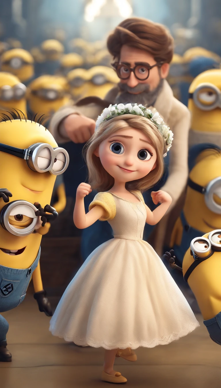 Minions dance with a girl anime stye, The head minion has a lovely white beard [whimsical,fun,playful],happy,minimalist colors,soft lighting,( best quality,4k,8k,highres)