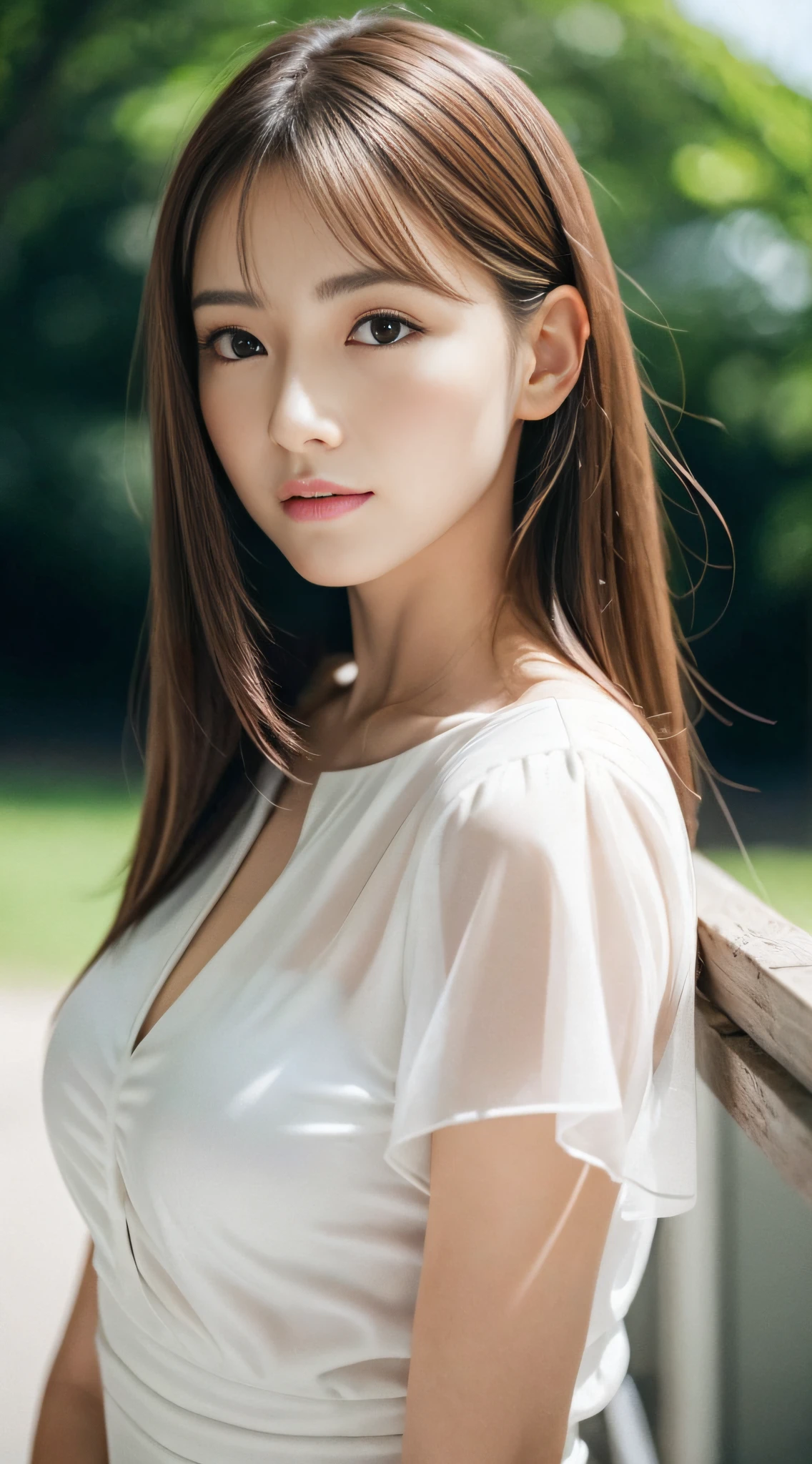 1womanl, up of face, mideum breasts, light brown hair, Blunt bangs, hair behind ear, hair over shoulder, Long hair, slender body shape, Ultra Fine Face, Thin face, Delicate lips, Beautiful eyes, thin blush, eyes are light brown, perfect glossy skin, flawless skin, Glistening sweat,View here, Ultra-thin hands, Ultra-fine fingers, best ratio four finger and one thumb, (realisitic:1.3), See-through white blouse. World Heritage Site, cathedral、One-person viewpoint, Fuji Film, F/1.2, 8K, masutepiece, nffsw, Super Detail, High quality, Best Quality, hight resolution