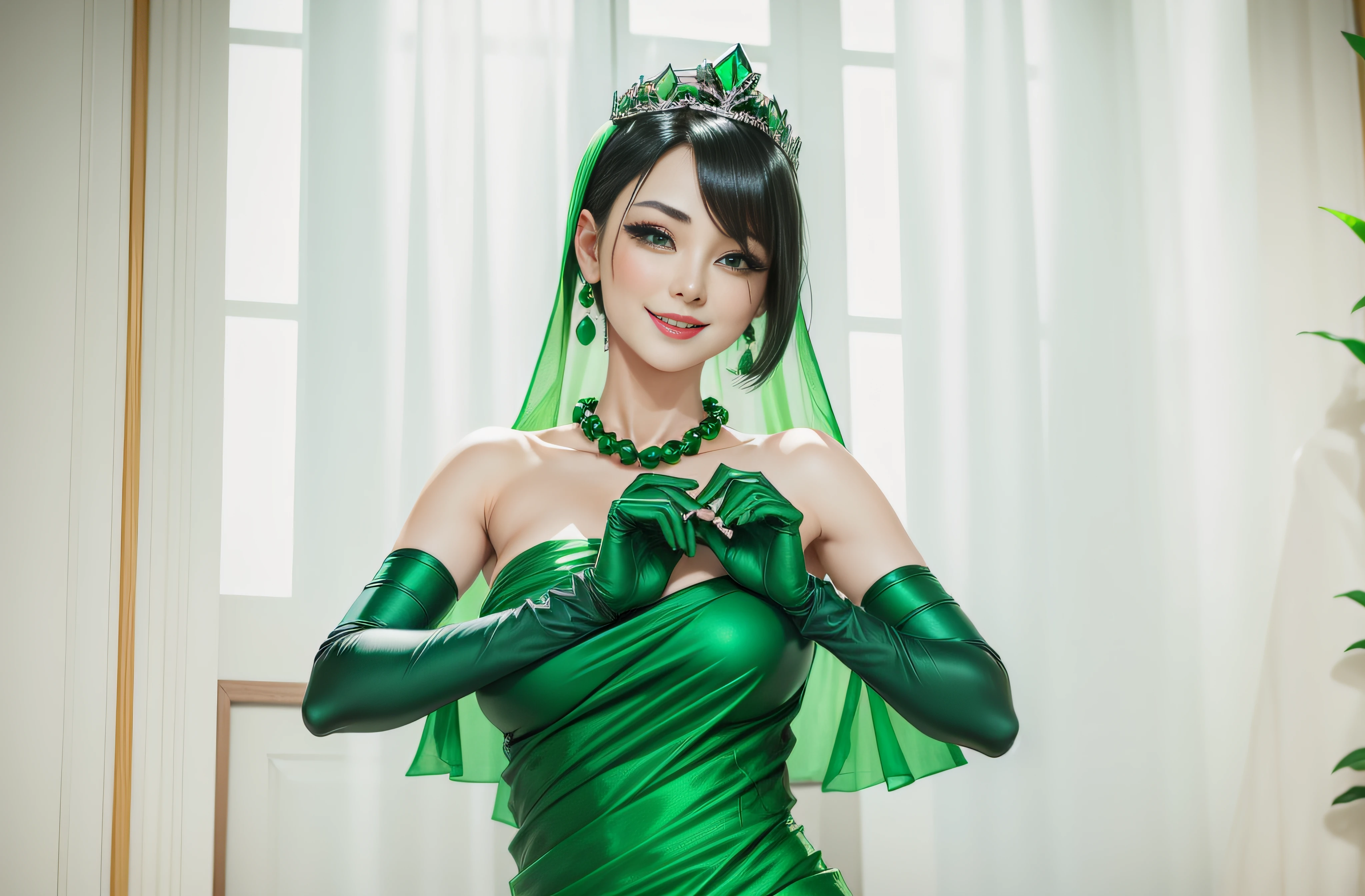 Boyish very short black hair, lipsticks, Japan woman smiling, Green Long Grove, Emerald Tia boyish very short black hair, lipsticks, Japan woman smiling, Satin green long gloves, emerald tiara, Green Pearl Necklace, verd s eyes, Green eyes, Long green gloves made of satin material, big breasts beautiful, Green Bridal Veil