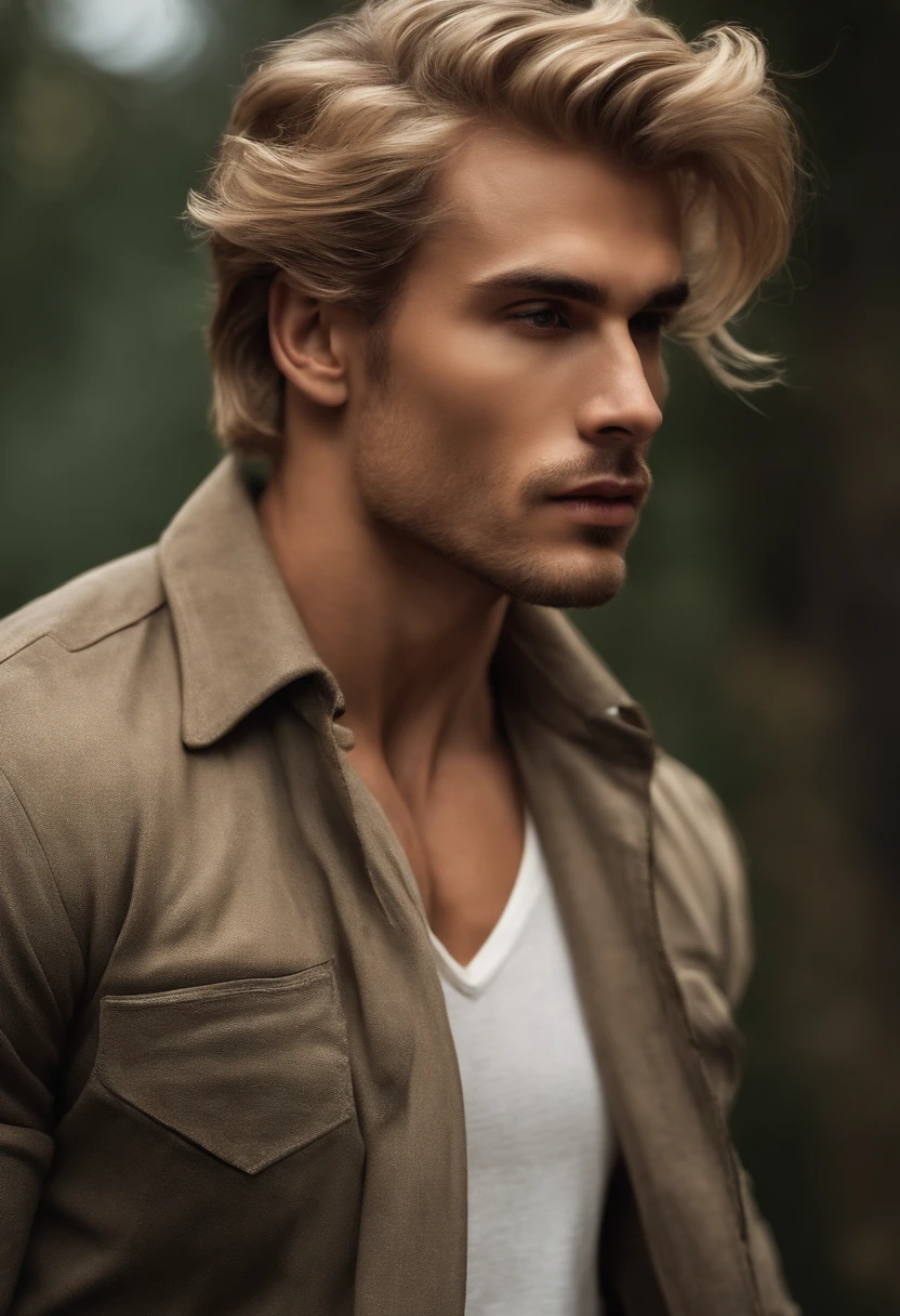 photographie, Perfection masculine, Strong Jawline, full lips, Nez aquilin, cheveux blonds courts, Yeux noisette, hyper realistic, 8K --v 4