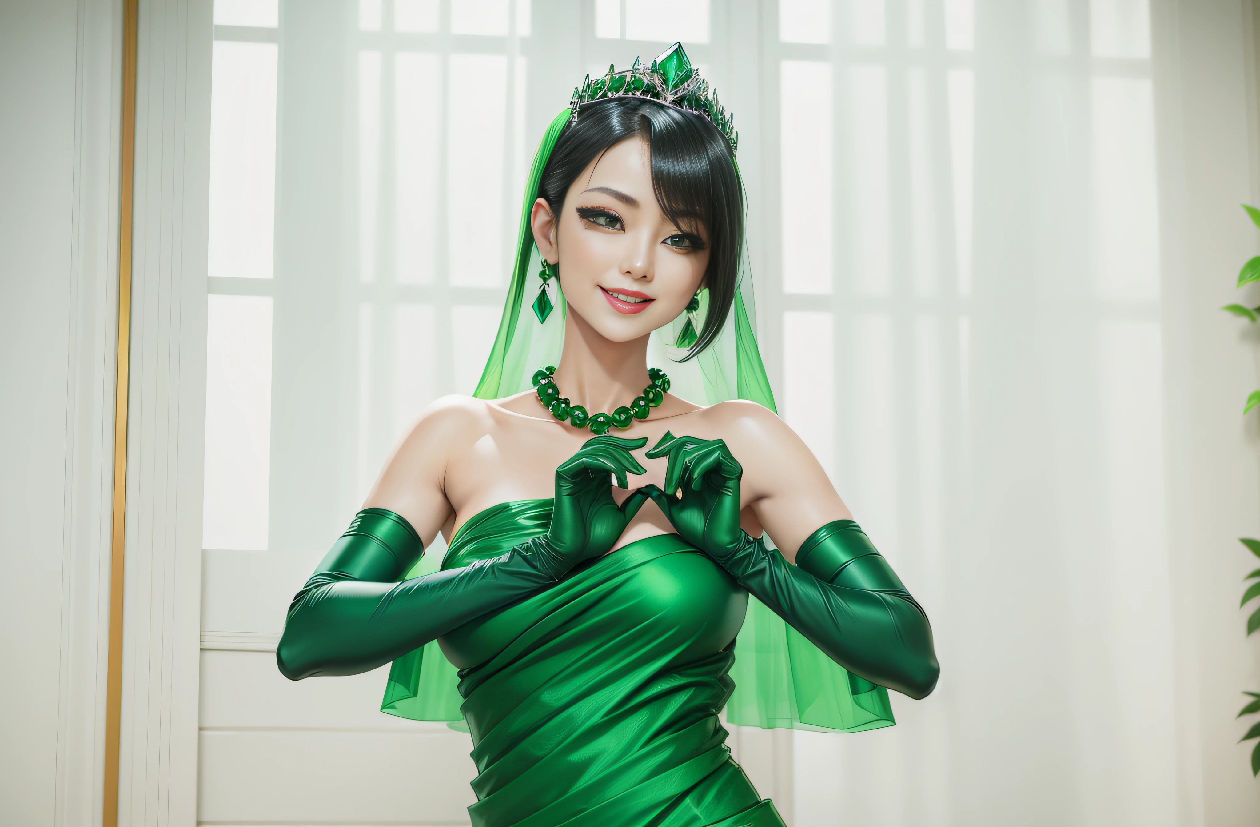 Boyish very short black hair, lipsticks, Japan woman smiling, Green Long Grove, Emerald Tia boyish very short black hair, lipsticks, Japan woman smiling, Satin green long gloves, emerald tiara, Green Pearl Necklace, verd s eyes, Green eyes, Long green gloves made of satin material, big breasts beautiful, Green Bridal Veil