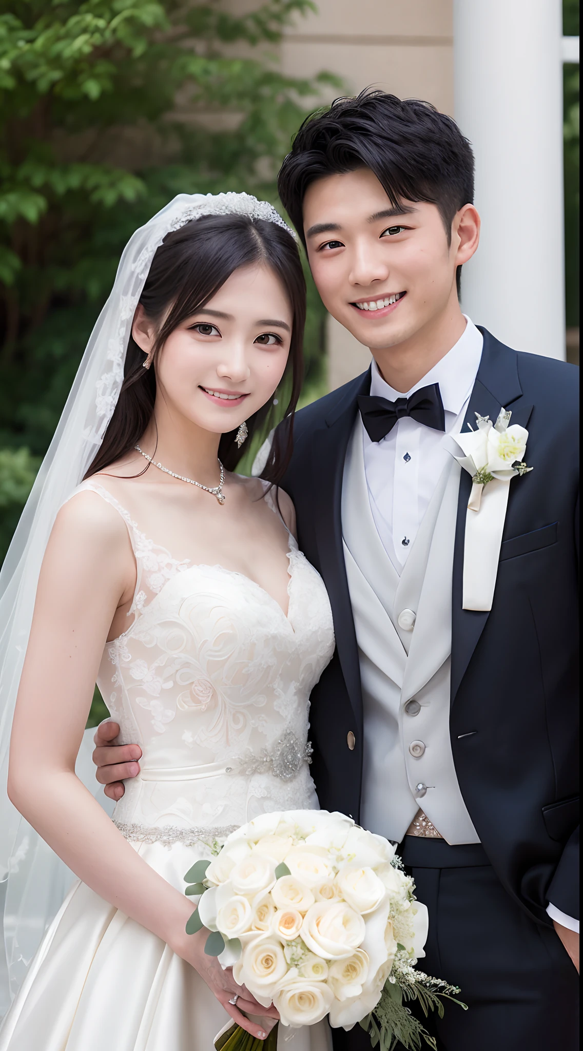 4K.masutepiece、top-quality、((20-year-old bride and groom))、Commemorative photo、((smile1.6))