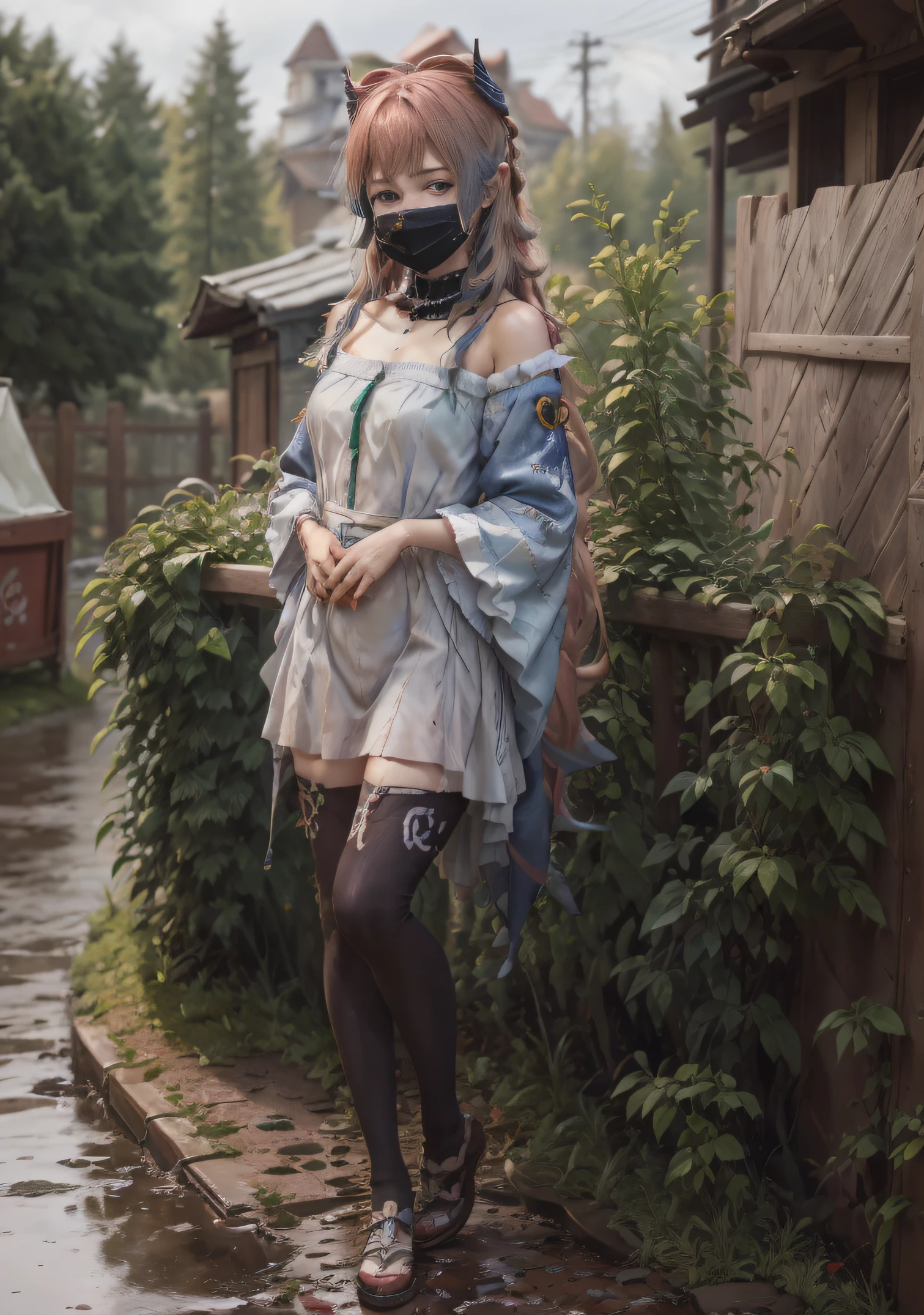 The girl stands and looks at the camera, A girl stands at a fair in the rain, heavy rain, blue eyes and dark hair, pony tail, face mask, wet clothing, dark sky, Thin, Wet waist, Slender figure, Appearance of the model, confusion, sexuality, Beautiful ears, green colored eyes, little chest, wet clothing, (Clothes shine through), (visible through clothes), Sweet girl, attractive anime girl, beautiful anime girl, Cute beautiful anime woman, detailed digital anime art, beautiful anime girl, beautiful anime girl, Anime with small details, Best Quality, Masterpiece, Ultra-detailed, Beautiful, hight resolution, Original,CG 8K ультрареалистичный, perfect artwork, beatiful face, Face Clean, Skin, hyper realistic, Ultra Detailed, A detailed eye, dramatic  lighting, (Realistic) Realistic, Full HD, Best Quality, Best Quality, Beautiful lighting, (8k wallpaper of extremely detailed CG unit), High Details, sharp-focus, The art of dramatic and photorealistic painting, Bare leg,