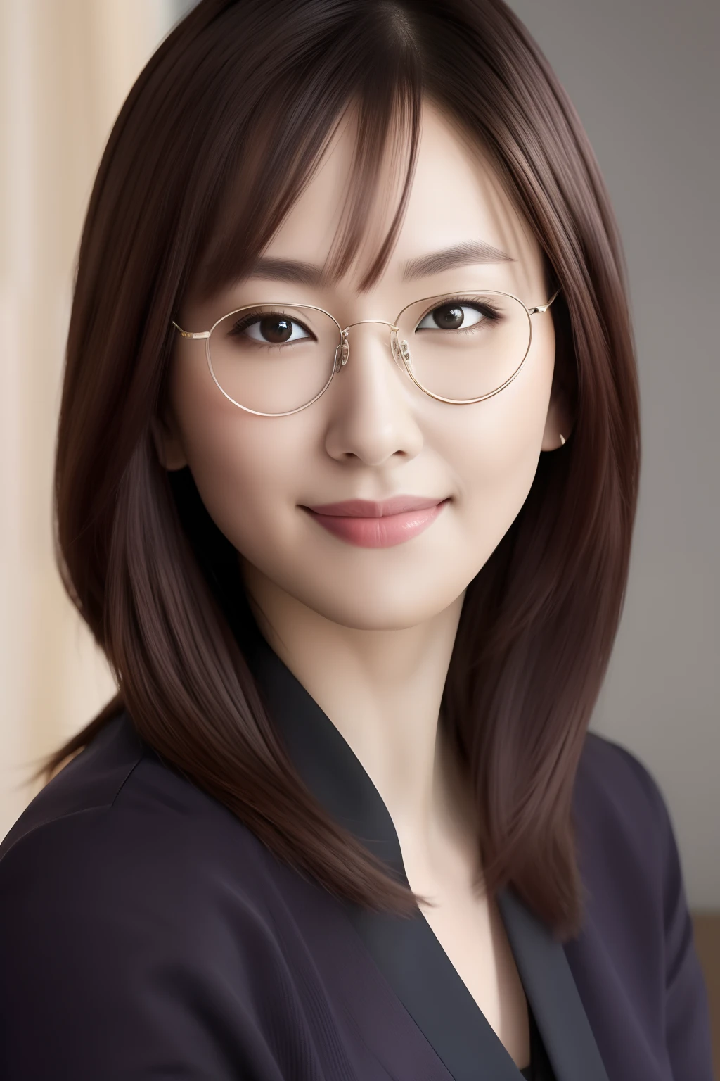 masutepiece, Best Quality, Photorealsitic, Ultra-detailed, finely detail, hight resolution, 8k wallpaper, Professional, 8k wallpaper, masterpiece, top-quality, Fine skin details, very fine eyes, Original, a picture, eye glasses, Skindentation, Look at viewers, Focus on Face, 1 girl in, seducting smile, length hair