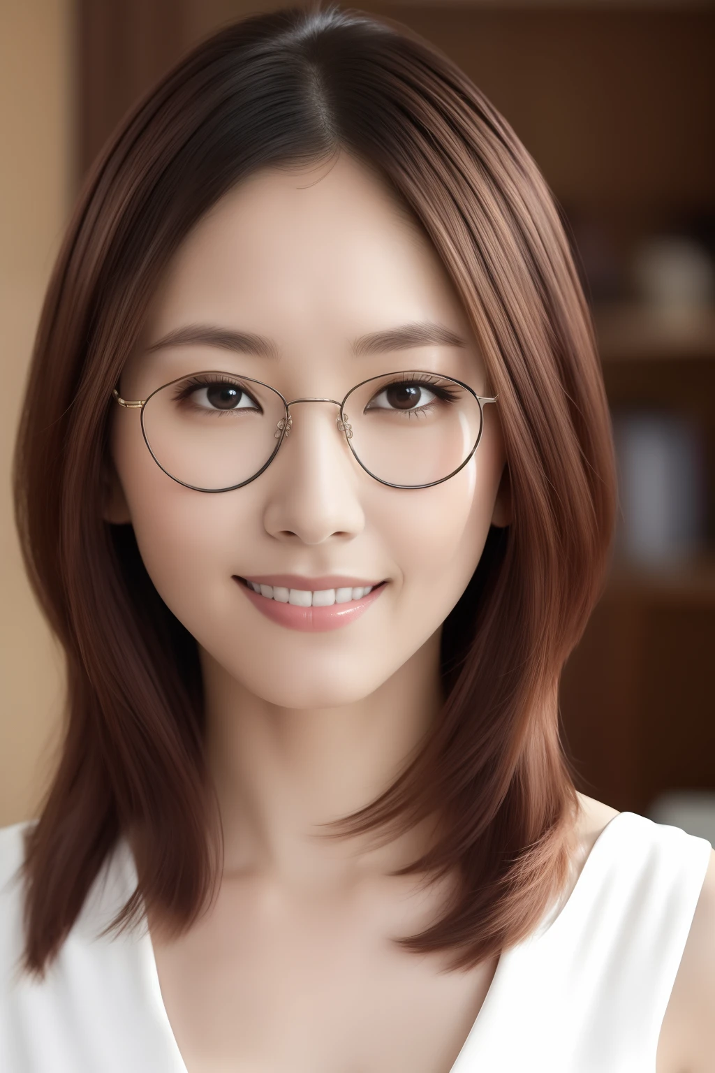masutepiece, Best Quality, Photorealsitic, Ultra-detailed, finely detail, hight resolution, 8k wallpaper, Professional, 8k wallpaper, masterpiece, top-quality, Fine skin details, very fine eyes, Original, a picture, eye glasses, Skindentation, Look at viewers, Focus on Face, 1 girl in, seducting smile, length hair