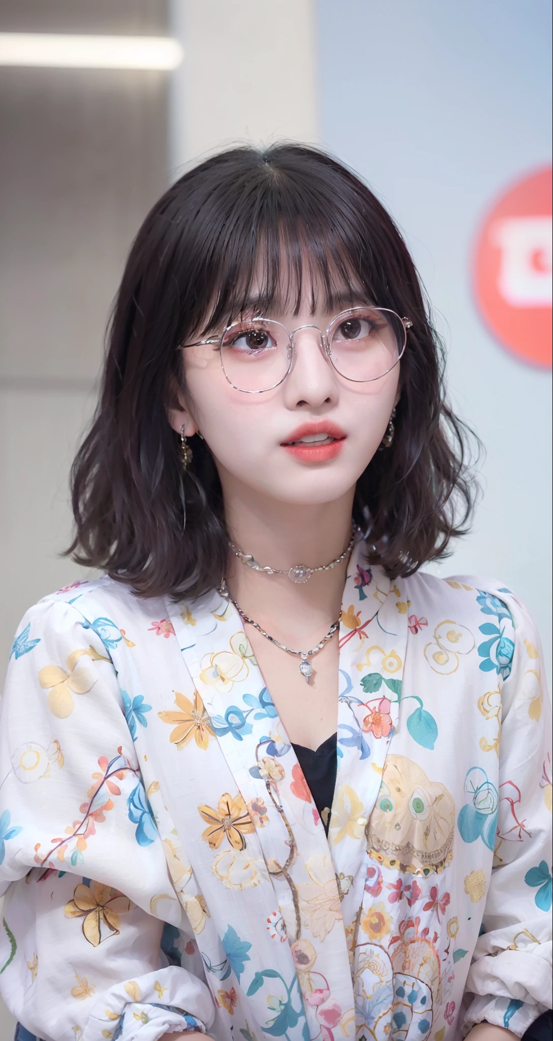 a close up of a woman wearing glasses and a colorful shirt, inspired by Kim Jeong-hui, jaeyeon nam, cute korean actress, with glasses, ruan jia beautiful!, lee ji - eun, lee ji-eun, wearing small round glasses, park ji-min, heonhwa choe, hwang se - on, wearing thin large round glasses