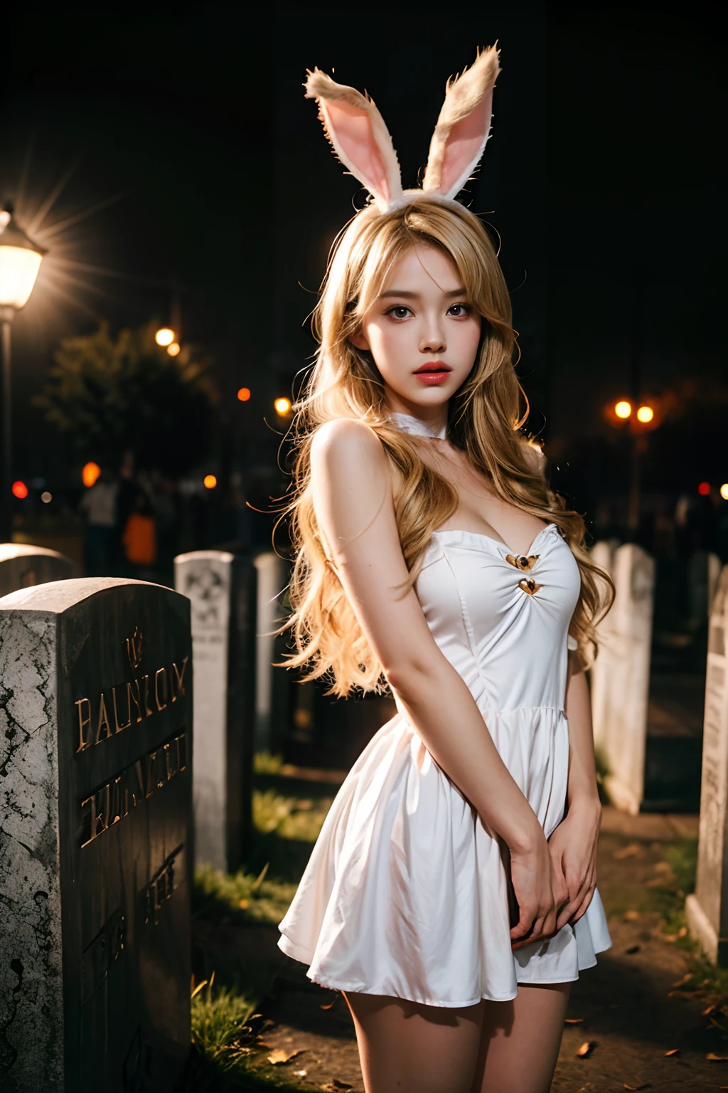 Girl in bunny Halloween costume, with bunny headband, blonde long hair Emo Pin up Girl, bunny tail, halloween dress, Striking a pose, natural make up, skinny girl, innocent, night in a grave, blonde long hair, midshot, centered image, ultra detail, extremely face detail, extremely eye detail