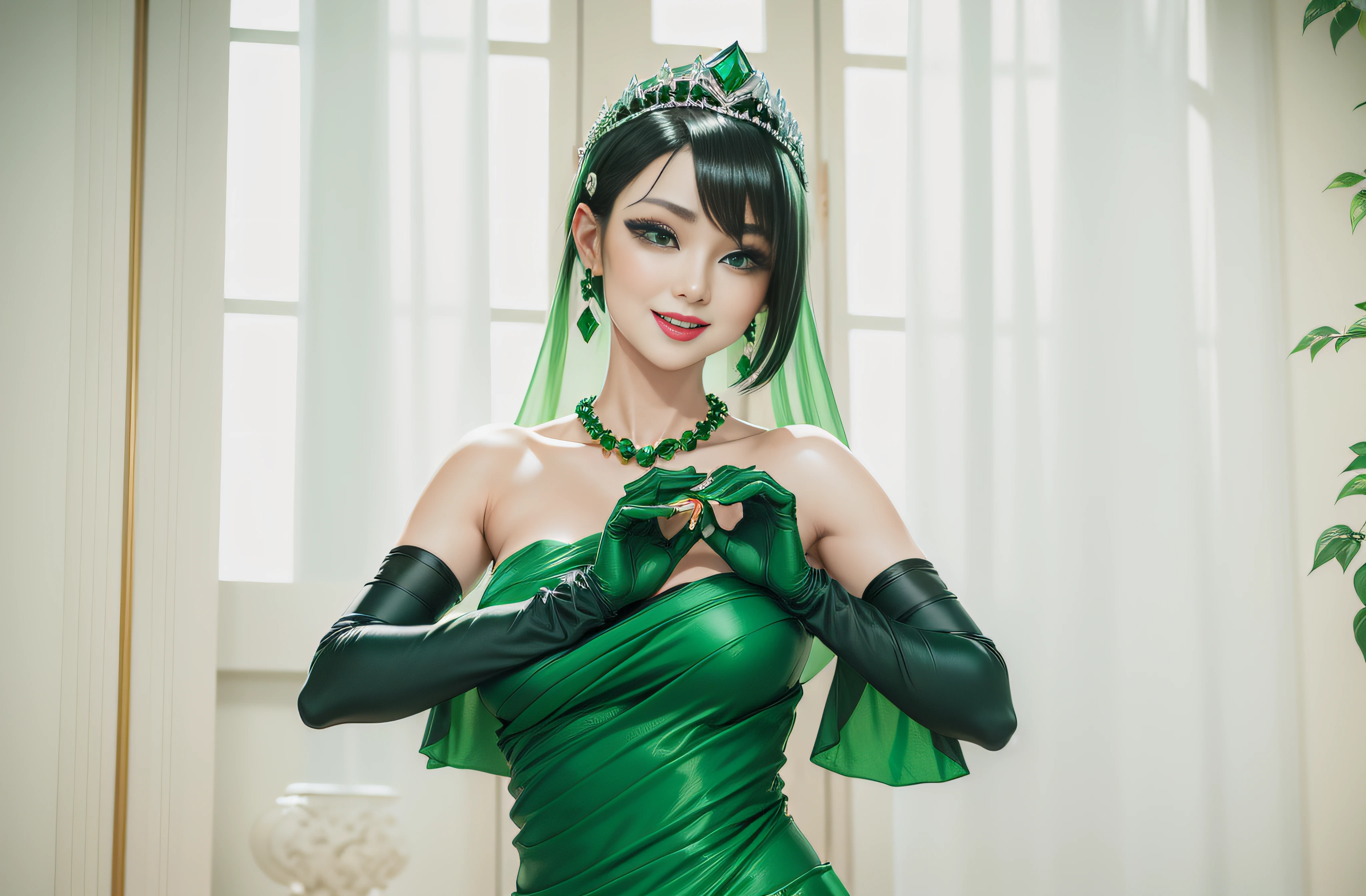 Boyish very short black hair, lipsticks, Japan woman smiling, Green Long Grove,　Emerald Tia boyish very short black hair, lipsticks, Japan woman smiling, Satin green long gloves,　emerald tiara, Green Pearl Necklace, verd s eyes, Green eyes, Long green gloves made of satin material, big breasts beautiful, Green Bridal Veil
