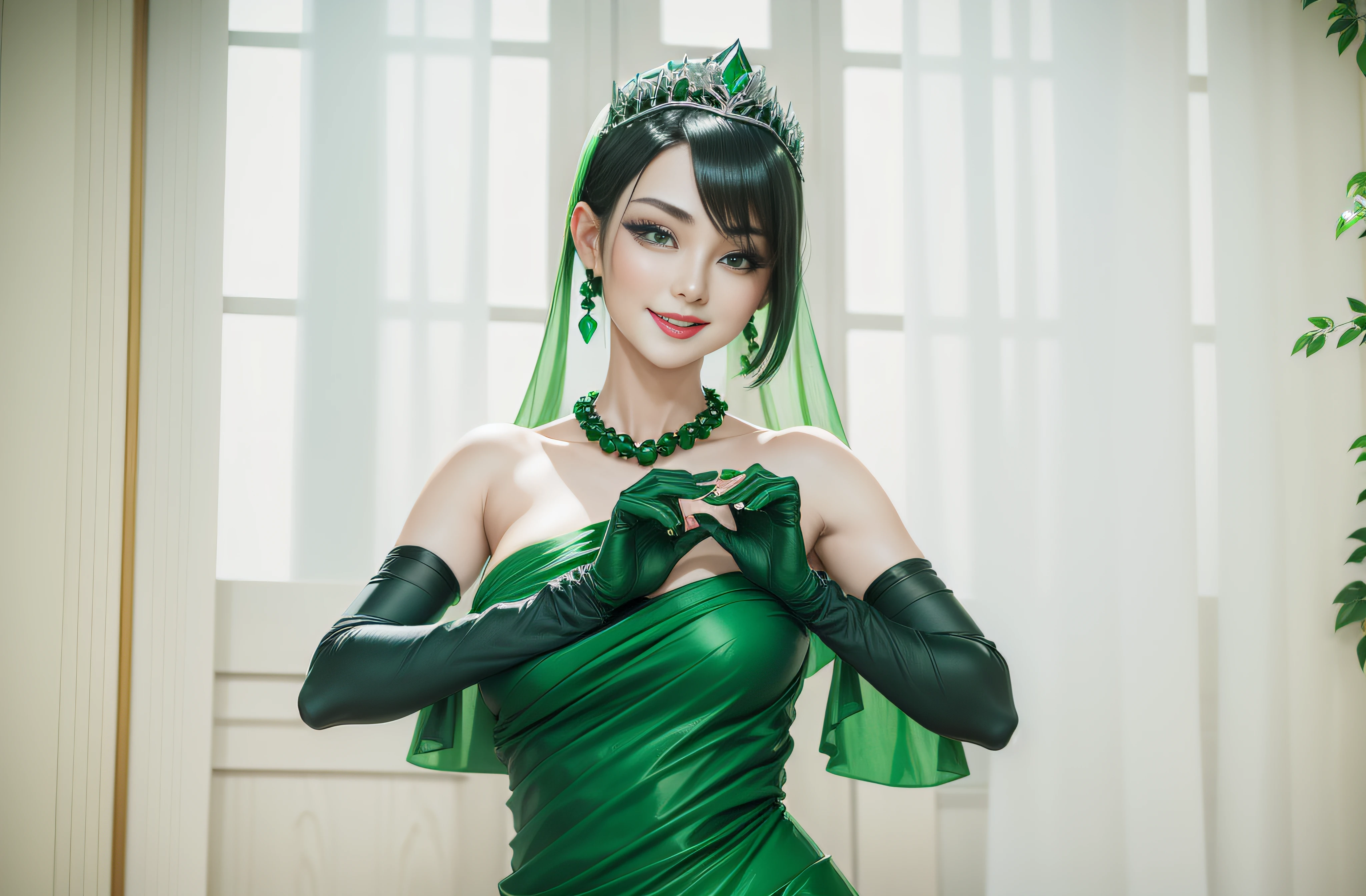 Boyish very short black hair, lipsticks, Japan woman smiling, Green Long Grove, Emerald Tia boyish very short black hair, lipsticks, Japan woman smiling, Satin green long gloves, emerald tiara, Green Pearl Necklace, verd s eyes, Green eyes, Long green gloves made of satin material, big breasts beautiful, Green Bridal Veil