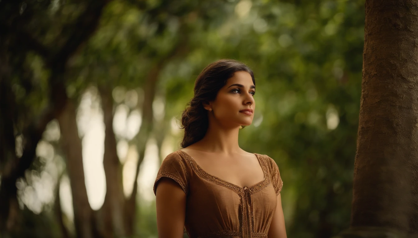 um anjo que emana luz divina, um anjo de Deus que aparece a uma jovem mulher judia, it's a biblical passage, o anjo esta envolto em luz, The scene takes place under trees, The young woman is simple