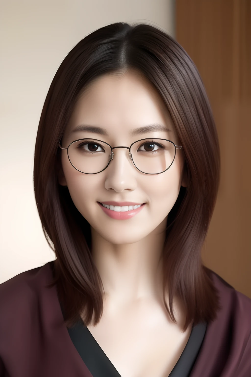 masutepiece, Best Quality, Photorealsitic, Ultra-detailed, finely detail, hight resolution, 8k wallpaper, Professional, 8k wallpaper, masterpiece, top-quality, Fine skin details, very fine eyes, Original, a picture, eye glasses, Skindentation, Look at viewers, Focus on Face, 1 girl in, seducting smile, length hair