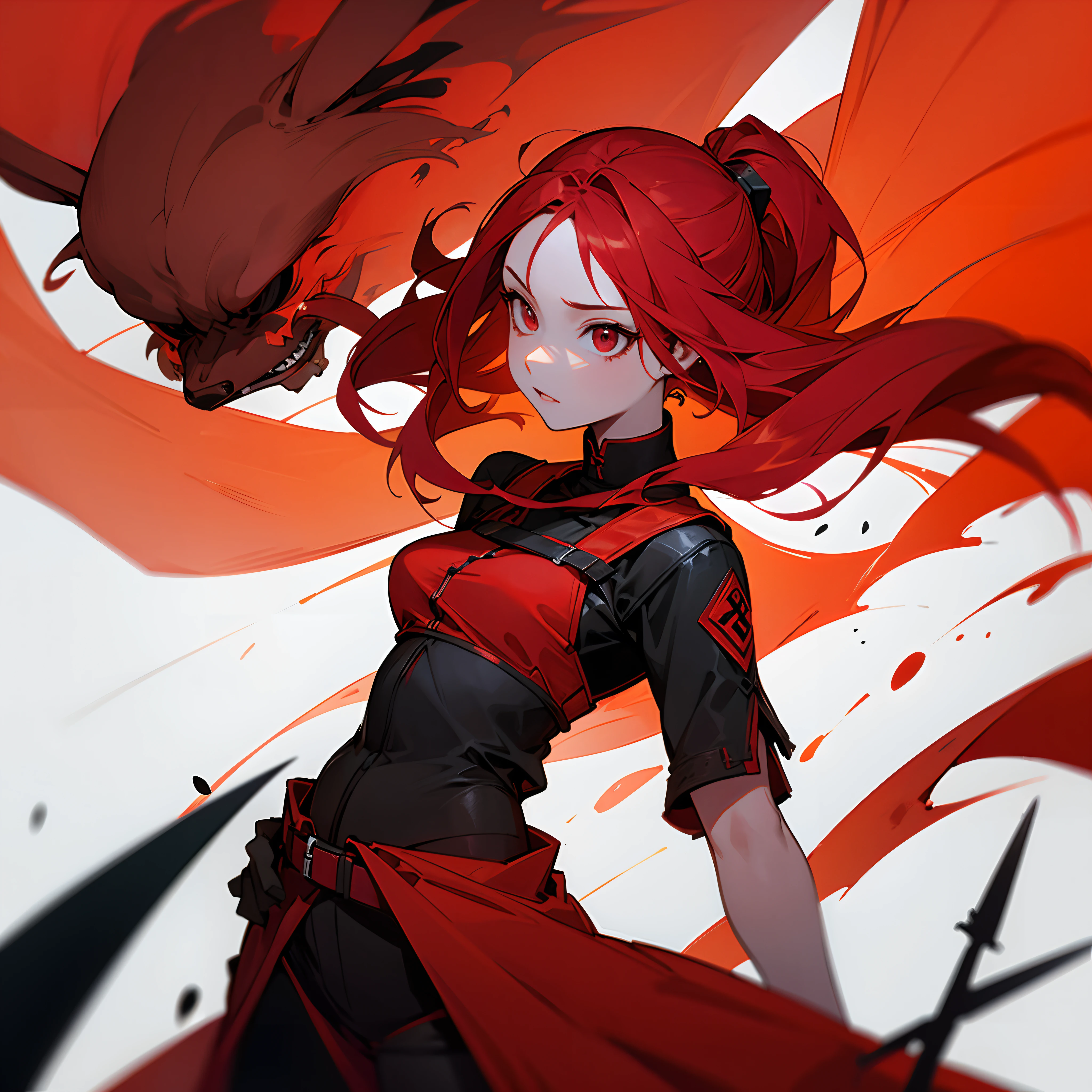 red tinted hair，Hell elements，Three-headed dog，teens girl，red combat clothes，sci-fy，longspear