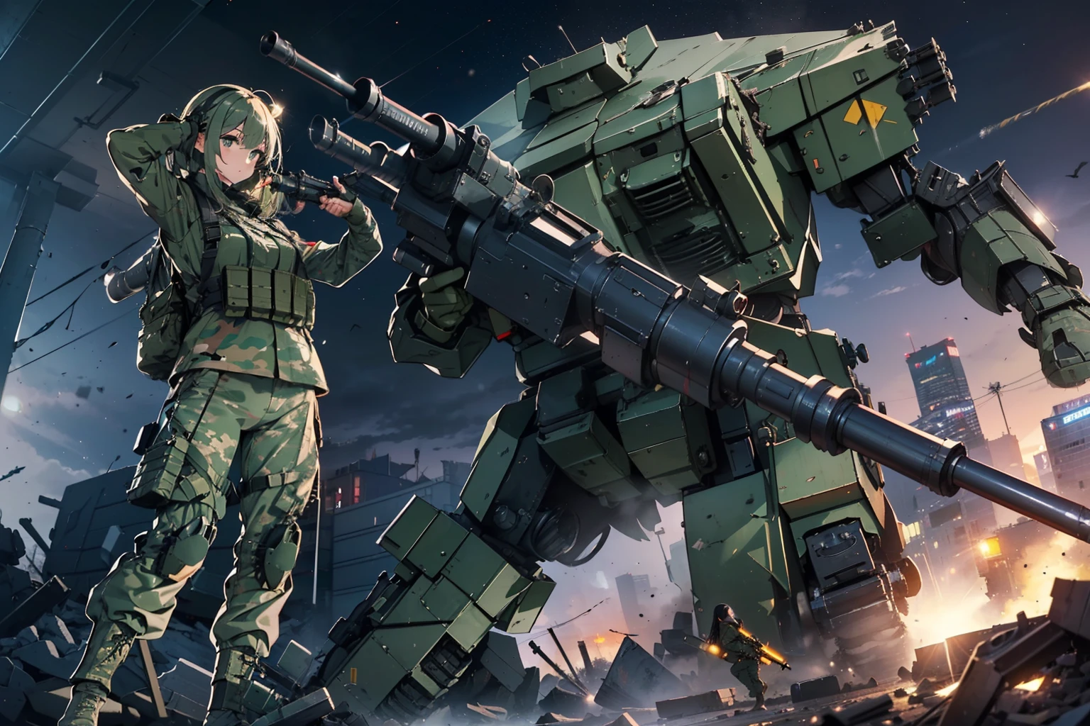 ((One girl soldier sniping a giant military robot with an anti-tank gun:1.4))、long eyelasher、Brush up、((​masterpiece、top-quality、extremely details CG、16k picture quality、Cinematographic lighting、lensflare))、Black combat uniform、Wide View、thick body、 Photorealsitic:1.4、long Brond Hair、green colored eyes、Have multiple weapons、Lahti L-39 anti-tank gun、direct light、Depth of field 35mm、Photographing rubble、Night footage、((Shinjuku at night where special forces fight))、(Sniping with anti-tank rifles)、Hyper-detailing、The wreckage of a giant robot