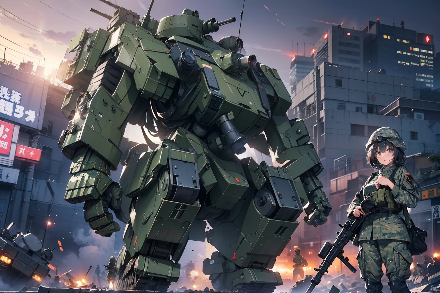 ((One girl soldier sniping a giant military robot with an anti-tank gun:1.4))、long eyelasher、Brush up、((​masterpiece、top-quality、extremely details CG、16k picture quality、Cinematographic lighting、lensflare))、Black combat uniform、Wide View、thick body、 Photorealsitic:1.4、long Brond Hair、green colored eyes、Have multiple weapons、Lahti L-39 anti-tank gun、direct light、Depth of field 35mm、Photographing rubble、Night footage、((Shinjuku at night where special forces fight))、(Sniping with anti-tank rifles)、Hyper-detailing、The wreckage of a giant robot