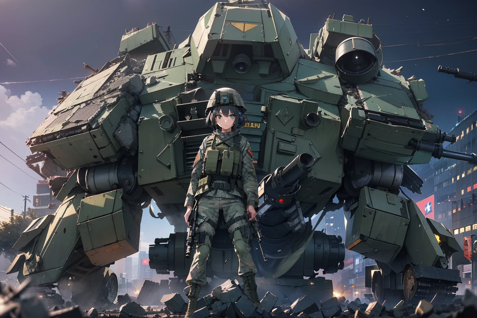 ((One girl soldier sniping a giant military robot with an anti-tank gun:1.4))、long eyelasher、Brush up、((masterpiece、top-quality、extremely details CG、16k picture quality、Cinematographic lighting、lensflare))、Black combat uniform、Wide View、thick body、 Photorealsitic:1.4、long Brond Hair、green colored eyes、Have multiple weapons、Lahti L-39 anti-tank gun、direct light、Depth of field 35mm、Photographing rubble、Night footage、((Shinjuku at night where special forces fight))、(Sniping with anti-tank rifles)、Hyper-detailing、The wreckage of a giant robot