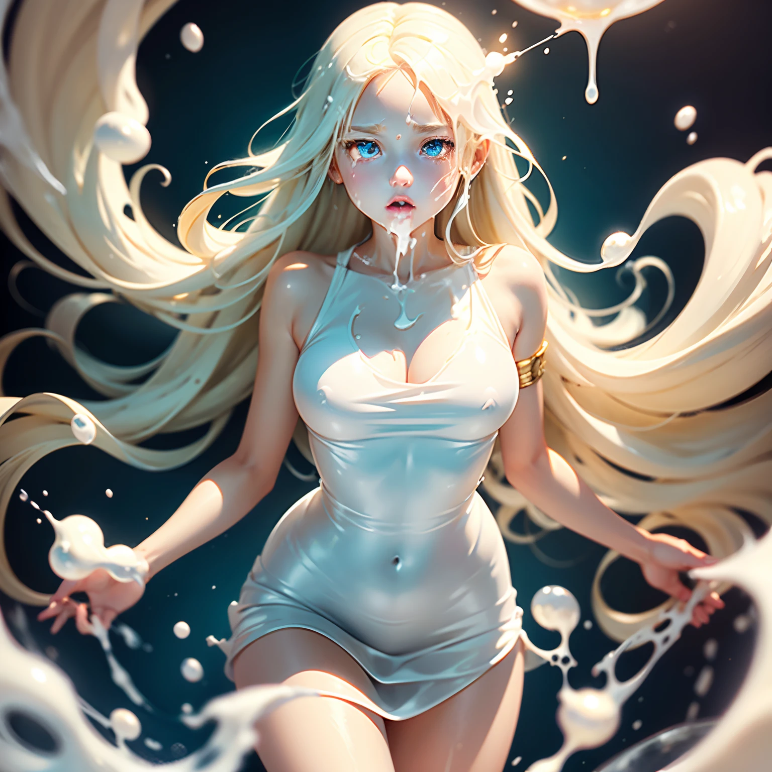 bit girl，Spit out white sticky milk，Golden hair，Short white dress，Golden eyes，White liquid，Viscous white liquid