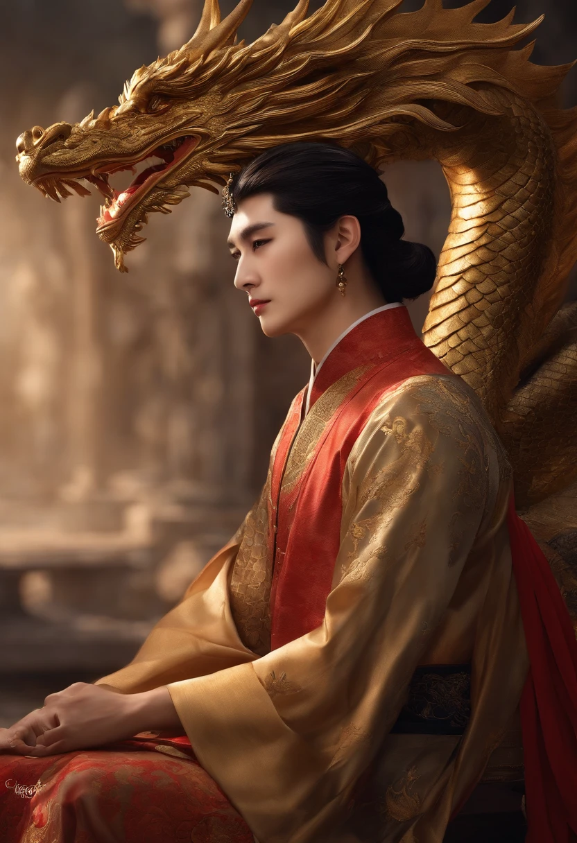 (perfect details: 1.5, 8k wallpaper, Masterpiece, Best quality, Ultra-detailed) Un homme, ruse, empereur, delicate facial features, Visage asiatique, cheveux noirs courts, Cheveux fins, hair tied up, Dragon dress embroidered in golden silk, Hanfu, assis sur une chaise dragon, hands on the head, Background of the palace, Old Golden Emperor's Crown