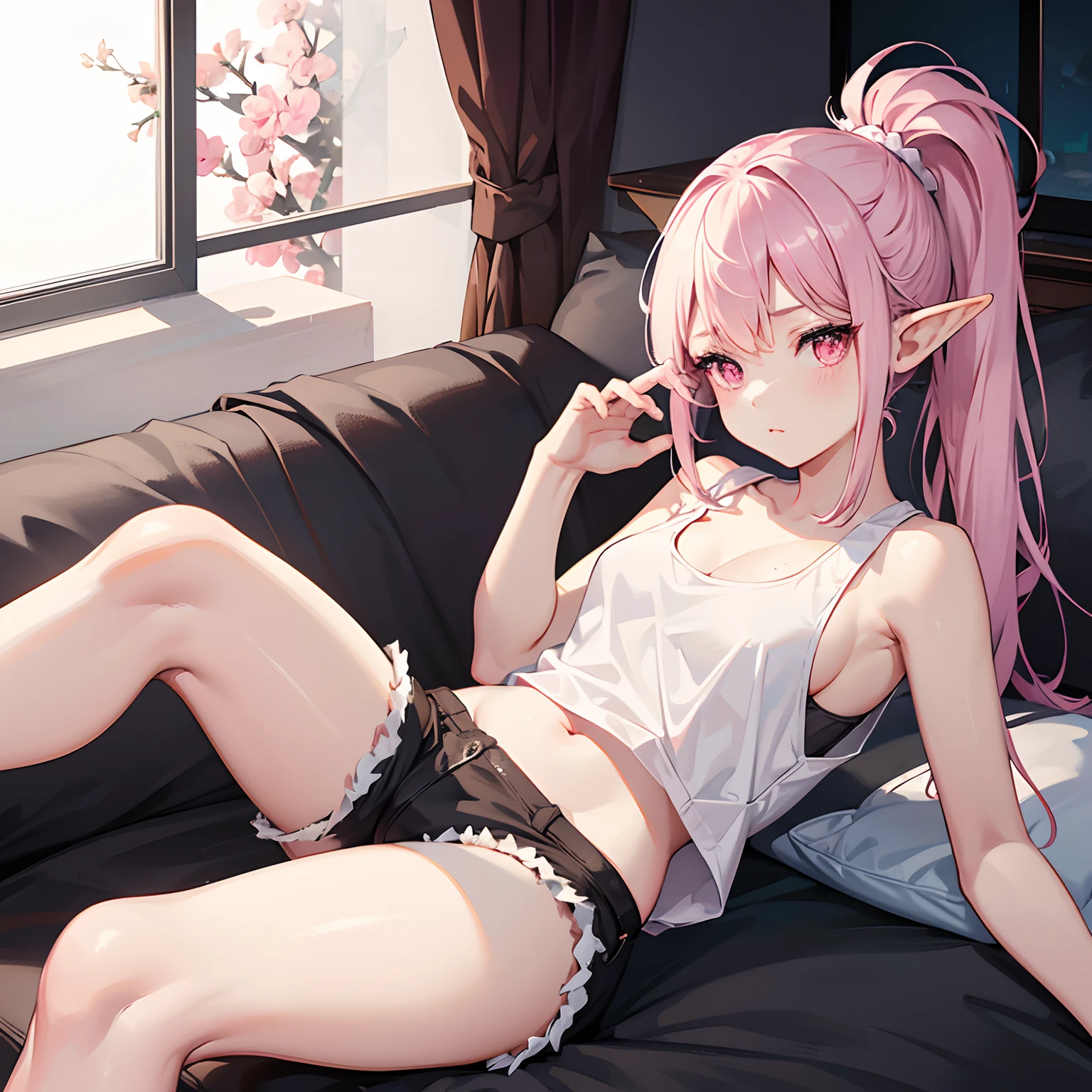 1girl, pink ponytail, pink eyes, soft smile, white skin, elf ears, wearing black tank top, slightly busty, short shorts, leaning back on bed, absurdres, high res, ultrasharp, 8k, masterpiece, looking at viewer