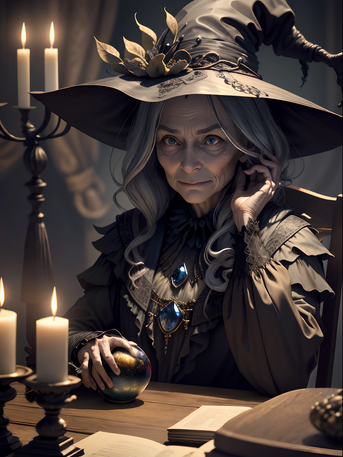 An old witch sitting in a Kadilau chair in the background,Elle tenait un corbeau Soniste, Sur la table devant elle se trouvait une boule de cristal cristalline。, There is a mysterious illusory world in the crystal ball,A few candles were lit next to it,Look at the camera from the side, Smile wickedly,Wrapped on sheets, ermite, Statue en marbre de, Deep octane rendering, Candlelight lighting, Baroque, European, anatomiquement correct, super detailed