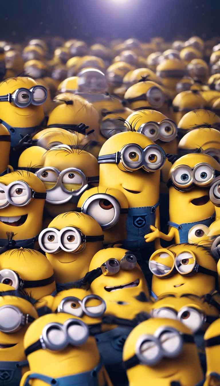 minions,dancing,minimalist colors,anime style,happy,playful,whimsical,soft lighting,high-res,4k,8k,best quality