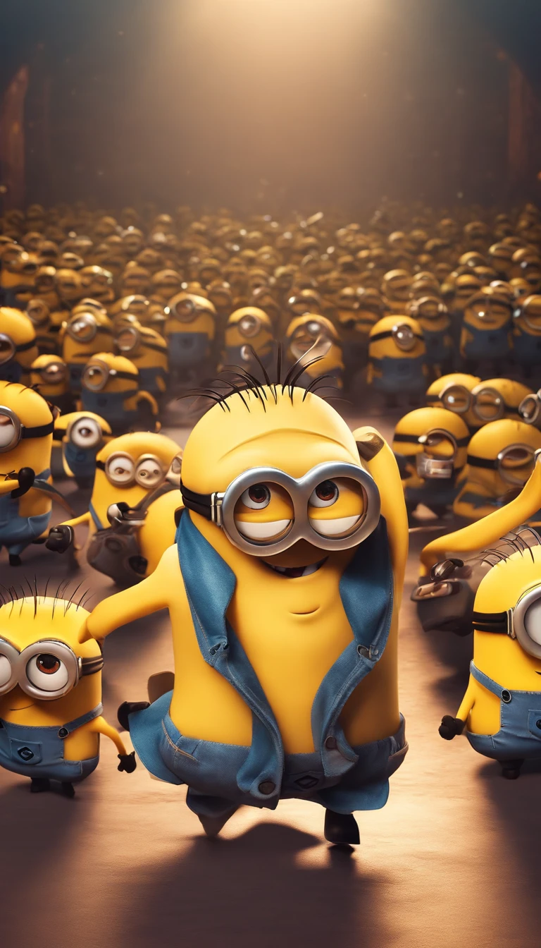 minions,dancing,minimalist colors,anime style,happy,playful,whimsical,soft lighting,high-res,4k,8k,best quality