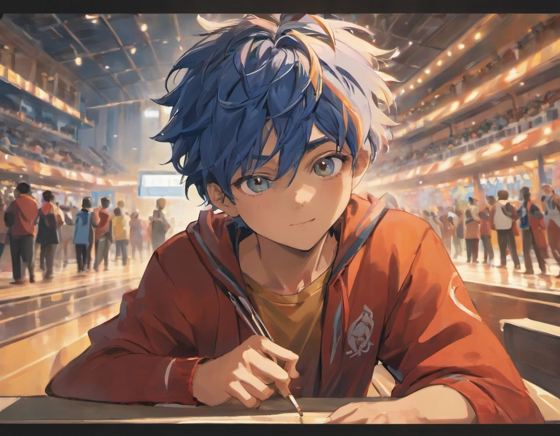 A boy named Mané, with blue skin and cat ears, sitting in a gymnasium. The gymnasium is filled with vibrant colors, with sunlight streaming in through large windows, creating a warm and inviting atmosphere. Mané is seated on a bench, wearing a unique outfit that reflects his playful personality. His expressive blue eyes captivate the viewer's attention, while his lips curl into a gentle smile. The details of his face are exquisitely rendered, highlighting the beauty of his features. Sima, a talented artist, has skillfully depicted his skin and added intricate details to every aspect of the painting.
The artwork is in the medium of a detailed illustration, which showcases Sima's mastery in capturing the essence of the subject. Sima's talent shines through in this masterpiece, as every stroke and detail is meticulously crafted to create a lifelike representation of Mané. The artwork is in ultra-high resolution, allowing every minute detail to be appreciated and enjoyed by the viewer. The use of vivid colors enhances the vibrancy of the scene, making it come to life.
The overall style of the artwork is a fusion of realism and fantasy, creating a captivating and enchanting atmosphere. This unique blend of styles adds depth and intrigue to the painting, capturing the viewer's imagination. The background of the gymnasium is filled with energetic activities, with other children playing around Mané, creating a sense of liveliness and movement.
The color palette used in the artwork is vibrant and varied, with a focus on bold and contrasting colors. The use of warm and cool tones creates a harmonious balance in the overall composition, evoking a feeling of joy and excitement. The lighting in the artwork is characterized by soft, diffused light, which casts subtle shadows and highlights, adding depth and dimension to the scene.
In conclusion, Sima's artwork portrays a boy named Mané, with blue skin and cat ears, sitting in a gymnasium. The attention to detail, the vibrant