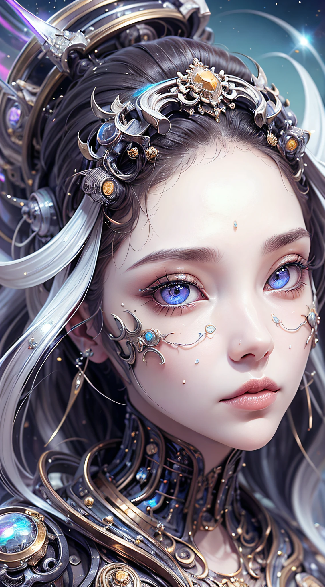 Corpo inteiro como,(melhor qualidade,Ultra - Detalhado,best illustration,Melhor sombra,tmasterpiece,A high resolution,ProfissionalArtwork,obras de arte famosas),Olhos detalhados,Olhos belos,clivagem em close-up,scientific fiction,esclera colorida,robot eyes,marcas faciais,Tatuado com,(fractalizado,olhos fractais),olhos grandes,olhos arregalados,(foco ocular),Foco Sface,Cosmic eyes,Olhos espaciais,Close-up da escultura de metal de uma mulher com uma lua em seu cabelo,deusas。Detalhe extremamente alto,Retrato da deusa 3D,Imagens extremamente detalhadas da deusa,Um retrato impressionante de uma deusa,Imagem lateral da deusa,Retrato de uma bela deusa,Retrato em close-up de corpo inteiro da deusa,hecate goddess,portrait of a norse moon goddess,goddess of space and time,(Foto RAW:1.2),dedo de camelo,Oco em,suor leggs,white liquid, pele rosa lisa, shiny metallic glossy skin, reluzente, Espalhe as pernas Pernas em forma de M,olhar irritado,mal-estar,irritado,white liquid all over body,Corpo inteiro como