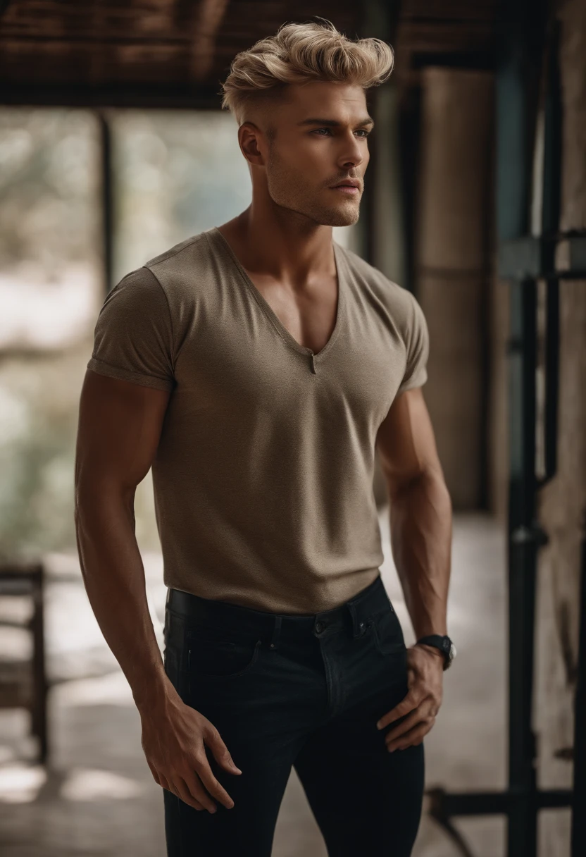 photographie, Perfection masculine, Strong Jawline, full lips, Nez aquilin, cheveux blonds courts, Yeux noisette, hyper realistic, 8K --v 4