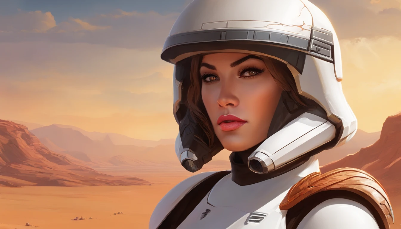 medium-shot Portrait of a female Imperial stormtrooper against the backdrop of the desert, On the left, based on concept art by Magalie Villeneuve, trending on cg society, AB """""Star Wars"""": The Old Republic", influenced by Ralph McQuarrie's concept art. The stormtrooper has a strong and confident expression on his face, emphasizing detailed facial features, such as beautiful detailed eyes, detailed lips, and extremely detailed eyes and face. She is dressed in the traditional white armor of a stormtrooper, With a sleek and futuristic design. Combining illustration elements, 3D Rendering, and photography, The result is a visually stunning and immersive piece. The colors and lighting are bright and dynamic, Enhancing the overall atmosphere of the artwork. Image quality is paramount, With the best quality, 4K or 8K resolution, hight resolution, And a masterpiece:1.2, which makes it a true masterpiece in terms of quality and detail.