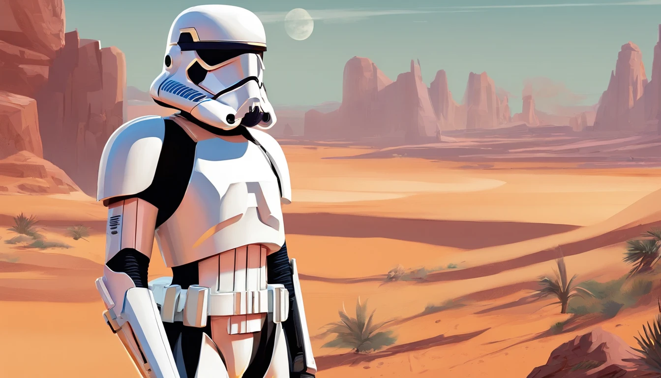 medium-shot Portrait of a female Imperial stormtrooper against the backdrop of the desert, On the left, based on concept art by Magalie Villeneuve, trending on cg society, AB """""Star Wars"""": The Old Republic", influenced by Ralph McQuarrie's concept art. The stormtrooper has a strong and confident expression on his face, emphasizing detailed facial features, such as beautiful detailed eyes, detailed lips, and extremely detailed eyes and face. She is dressed in the traditional white armor of a stormtrooper, With a sleek and futuristic design. Combining illustration elements, 3D Rendering, and photography, The result is a visually stunning and immersive piece. The colors and lighting are bright and dynamic, Enhancing the overall atmosphere of the artwork. Image quality is paramount, With the best quality, 4K or 8K resolution, hight resolution, And a masterpiece:1.2, which makes it a true masterpiece in terms of quality and detail.