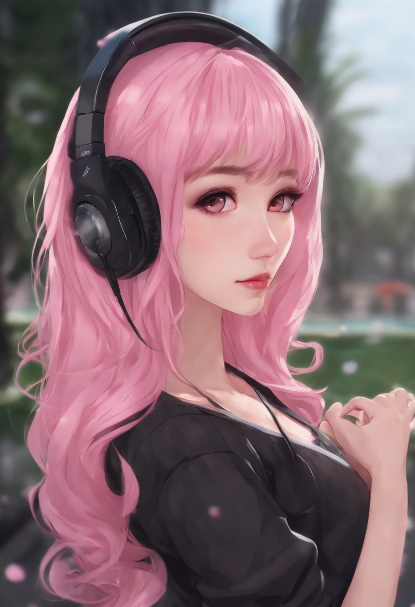 uma menina com fones de ouvido e uma camisa rosa, Streamer do Twitch, estilo anime 4K, ig studios estilo anime, longos cabelos rosa junto e um garoto de cabelos pretos ,alto, Embraced