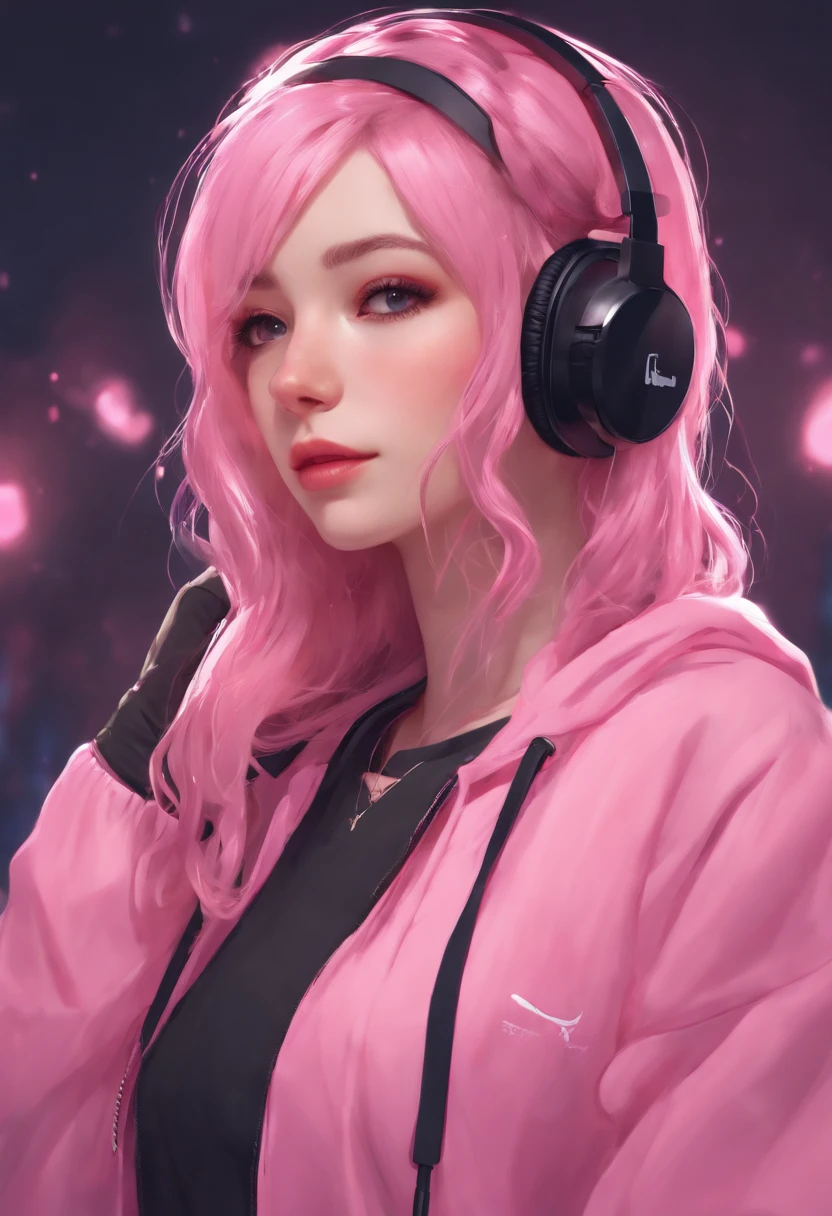 uma com fones de ouvido e uma camisa rosa, Streamer do Twitch, estilo anime 4K, ig studios estilo anime, longos cabelos rosa junto e um garoto de cabelos pretos ,alto, Embraced