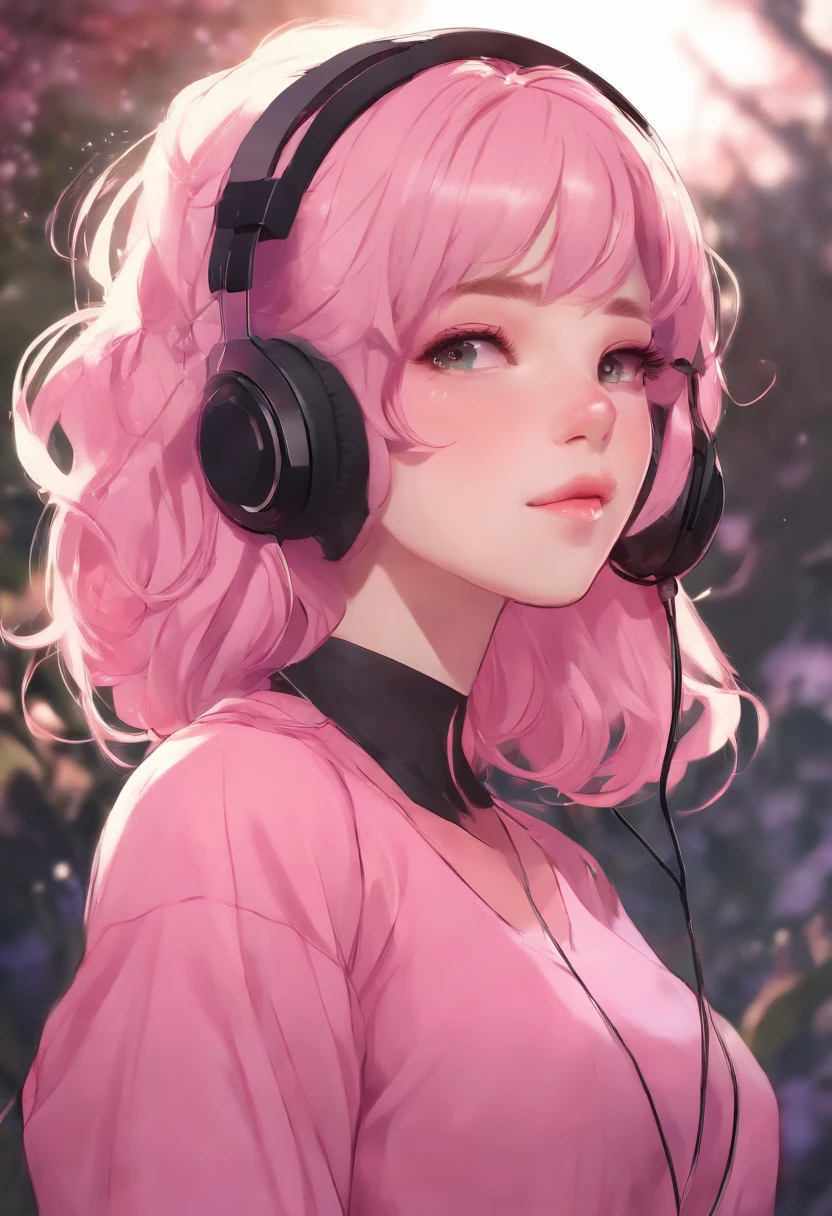 uma com fones de ouvido e uma camisa rosa, Streamer do Twitch, estilo anime 4K, ig studios estilo anime, longos cabelos rosa junto e um garoto de cabelos pretos ,alto, Embraced