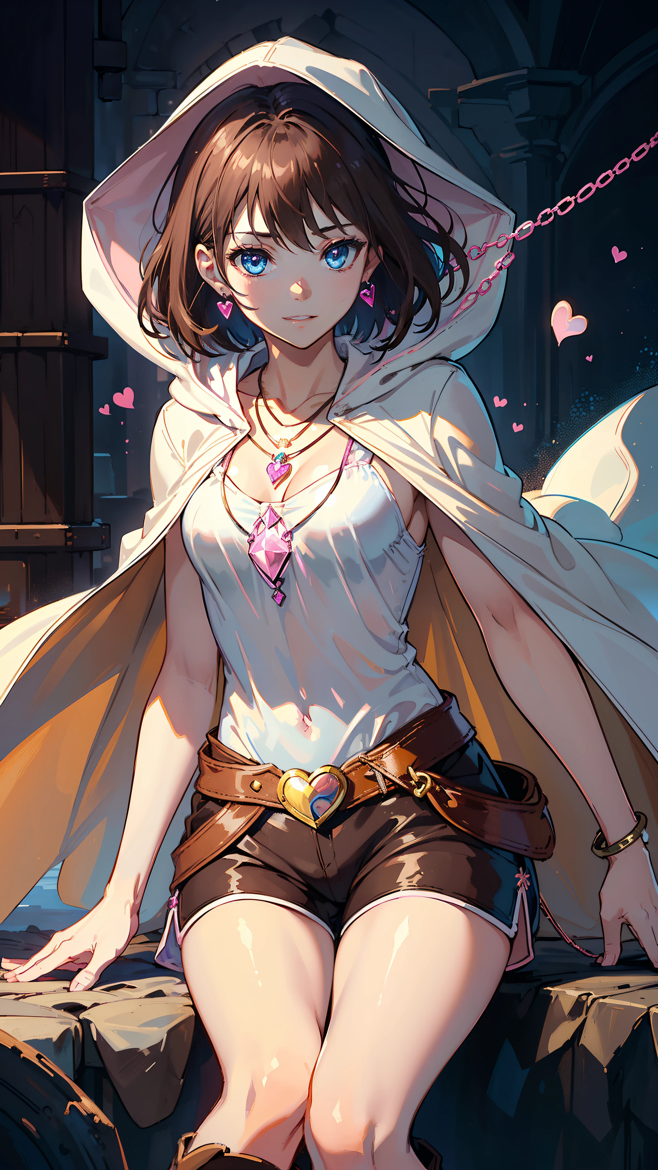masutepiece, ultra-detailliert, 8K Portrait, Raw photo, a portrait photo of, Highly detailed face, beautiful and meticulous eyes, ((Fantasy)), Young beautiful, 17 year old girl, Light brown short hair, Kind face, Cute smile, adventurer, (((Hooded))) (((White silk long cape))) Fluttering in the wind, (((Brown Shirt Dresses))), (((Dark brown shorts))), ((Leather boots)), (((Pink Heart Necklace))), One-sided blue earrings, ((Single Sided Blue Jewel Bracelet)), Holding a bottle of maple syrup, Midday Sun, Hyper realistic, Body model, tiny chest, beutiful breast, Long legs, in a castle, Camera focus on face, Ambient lighting, Shadow details, strong breeze, Light fog