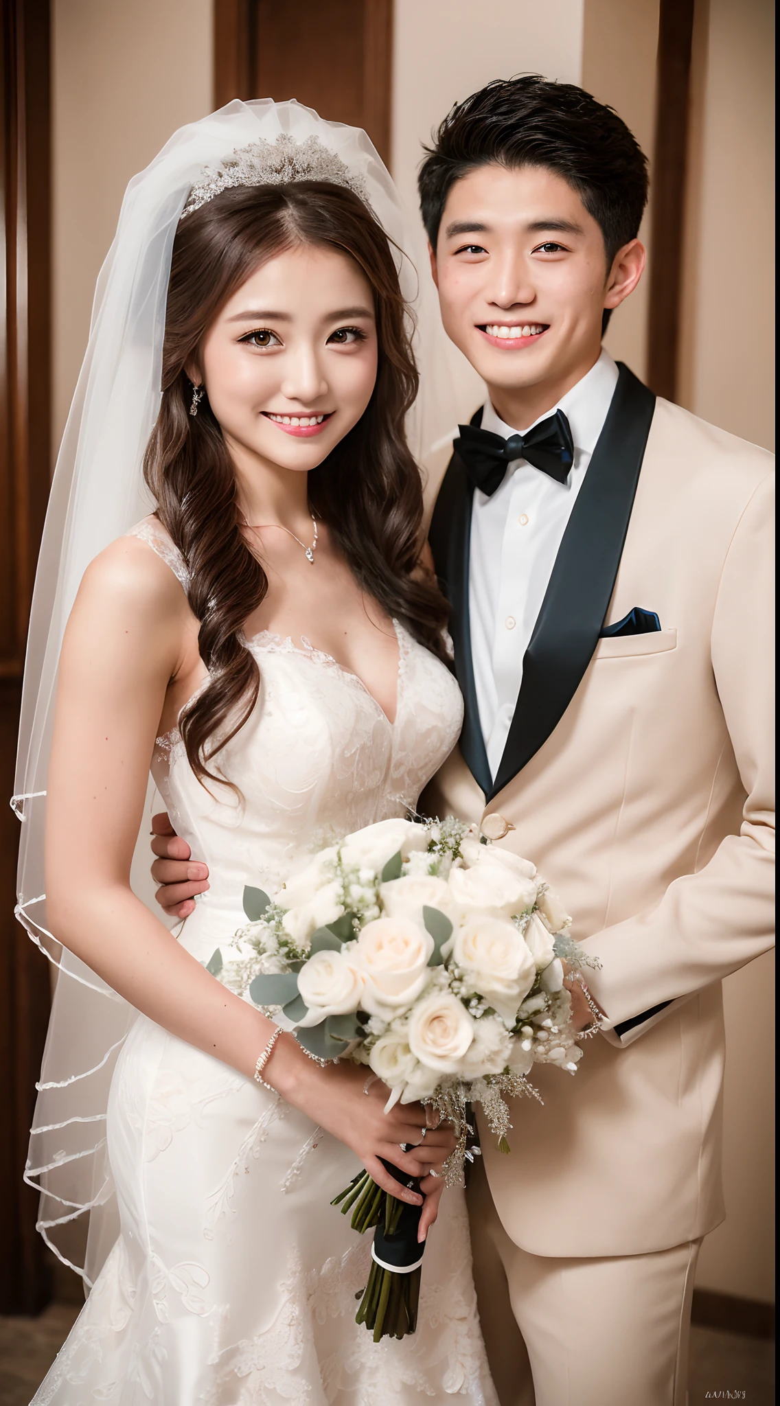 4K.masutepiece、top-quality、((20-year-old bride and groom))、Commemorative photo、((smile1.6))