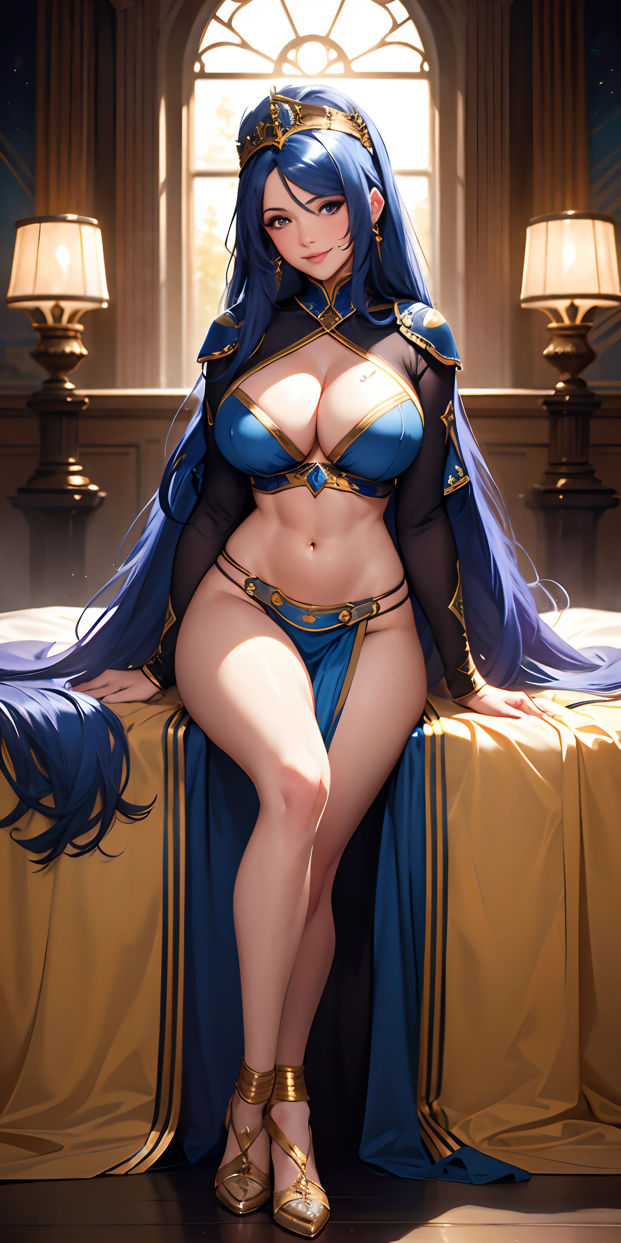 photo by Nicolette Shea, highres, masterpiece, 1girl, solo, best quality, realistic, long blue hair upsweep,
palace, throne room, lying in bed
Goddess cosplay, (goddess costume), tight abs
(big body), sexy figure,((big big tits)) (cleavage), sexy abs, navel, open legs, big ass, (Sexy woman), (long hair), (30 years), smile, excited,
4K, HDR. by (James C. Christensen:1.2| Jeremy Lipking:1.1).